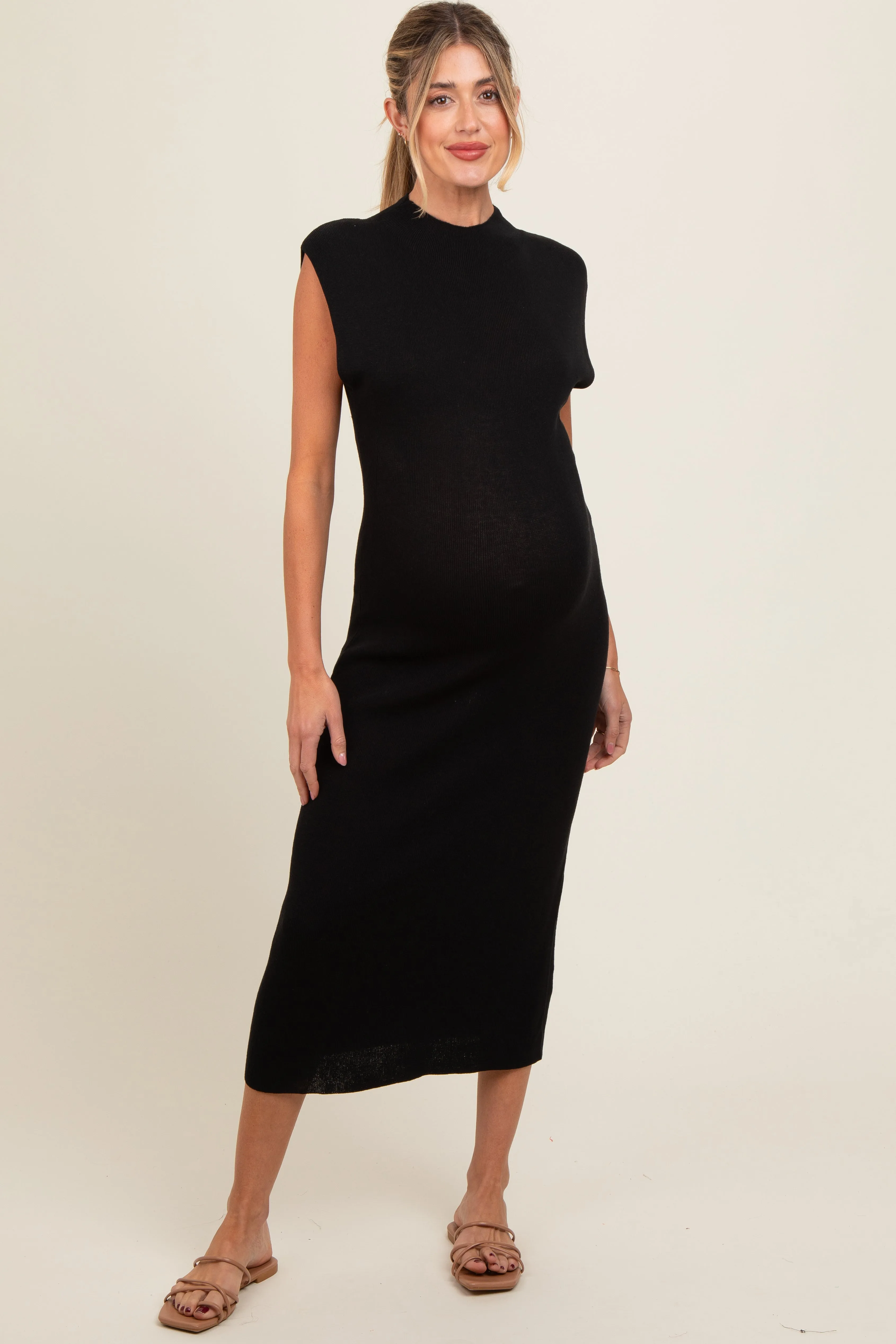 Black Knit Mock Neck Maternity Midi Dress sold by Pinkblush product image thumbnail 2