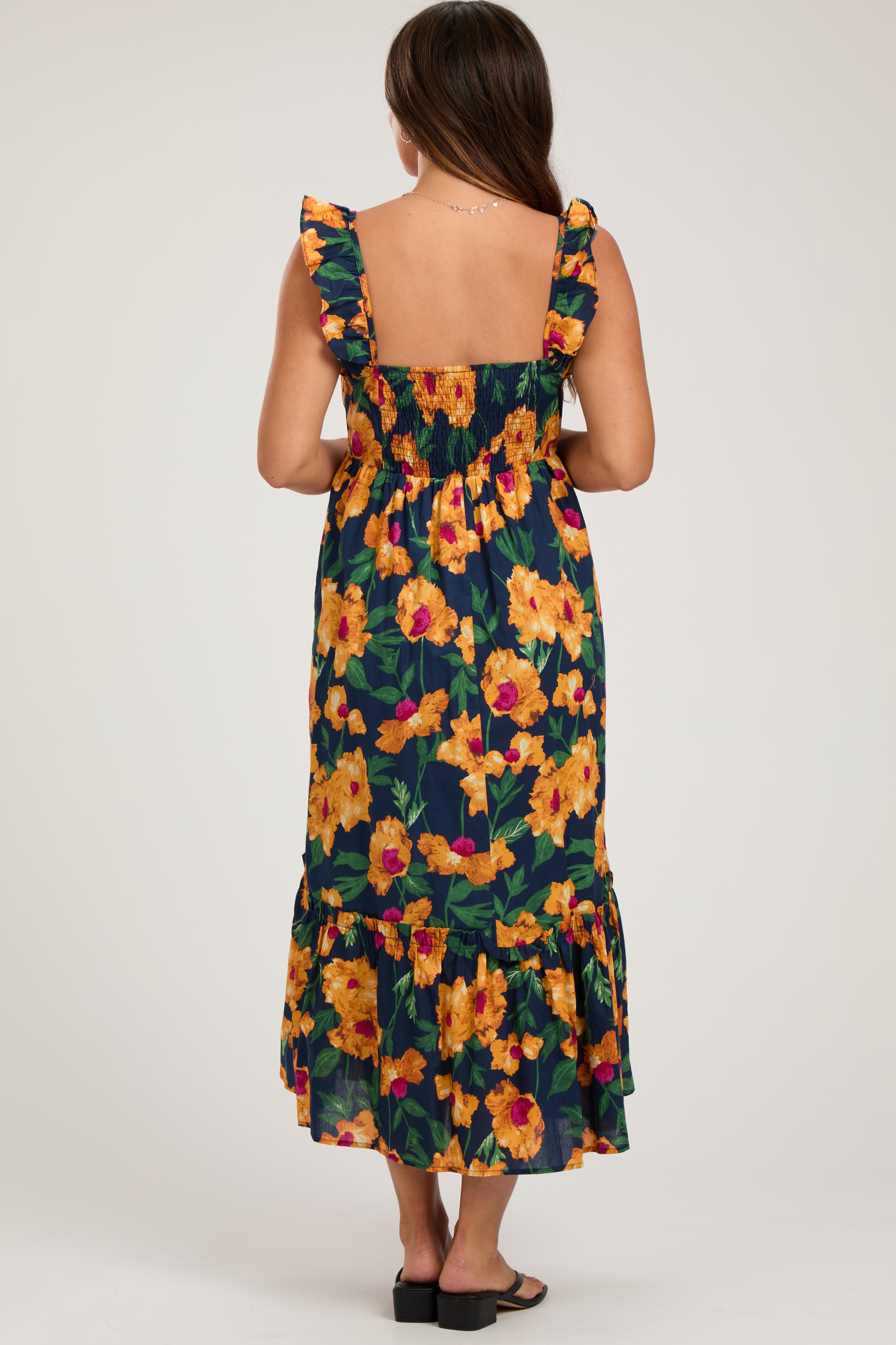 Navy Blue Floral Square Neck Ruffle Shoulder Maternity Midi Dress sold by Pinkblush product image thumbnail 3