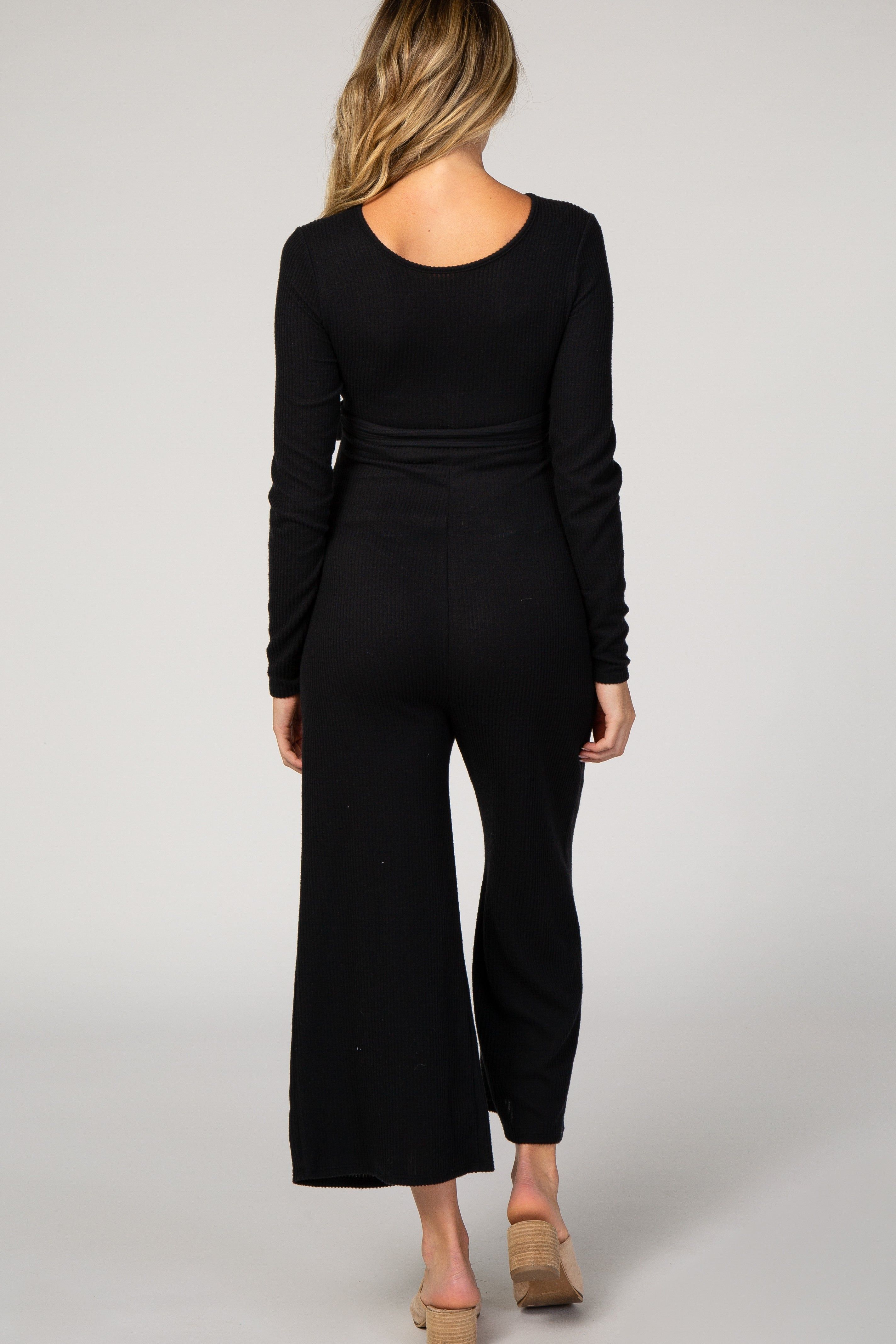 Black Ribbed Knit Long Sleeve Wide Leg Maternity Jumpsuit sold by Pinkblush product image thumbnail 3