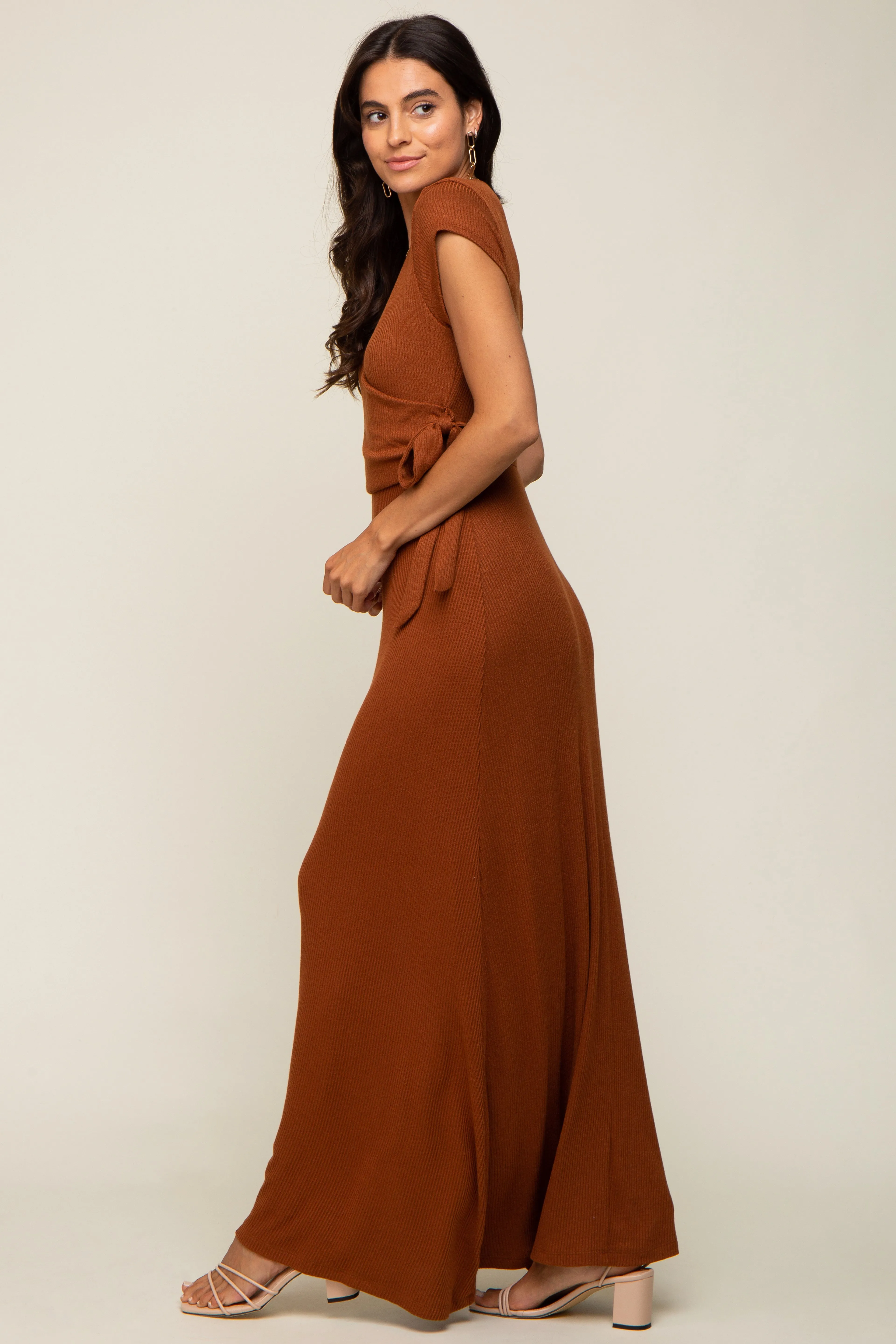 Rust Ribbed Wrapped Front V-Neck Maxi Dress sold by Pinkblush product image thumbnail 4