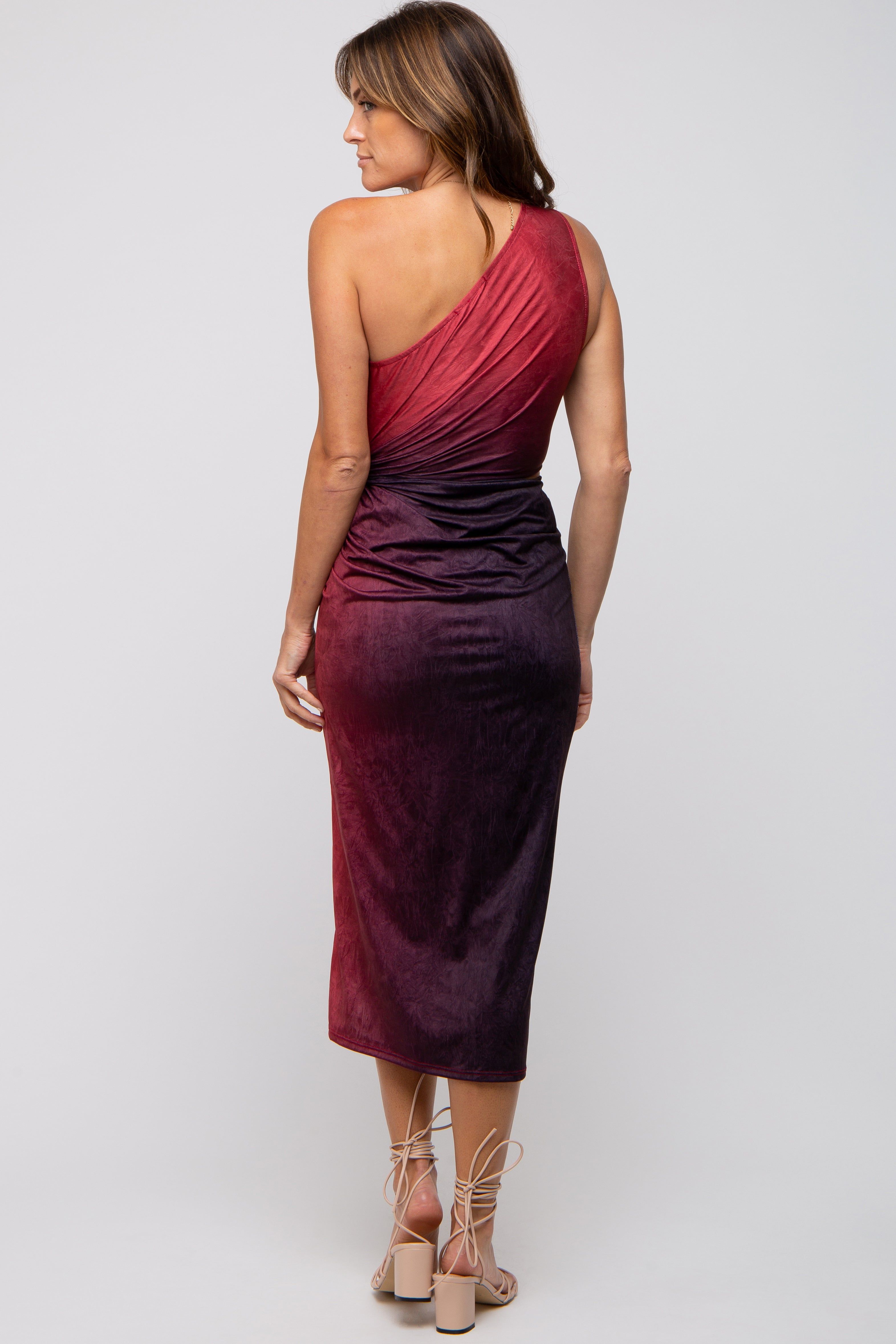 Burgundy One Shoulder Side Cutout Ruched Midi Dress sold by Pinkblush product image thumbnail 3