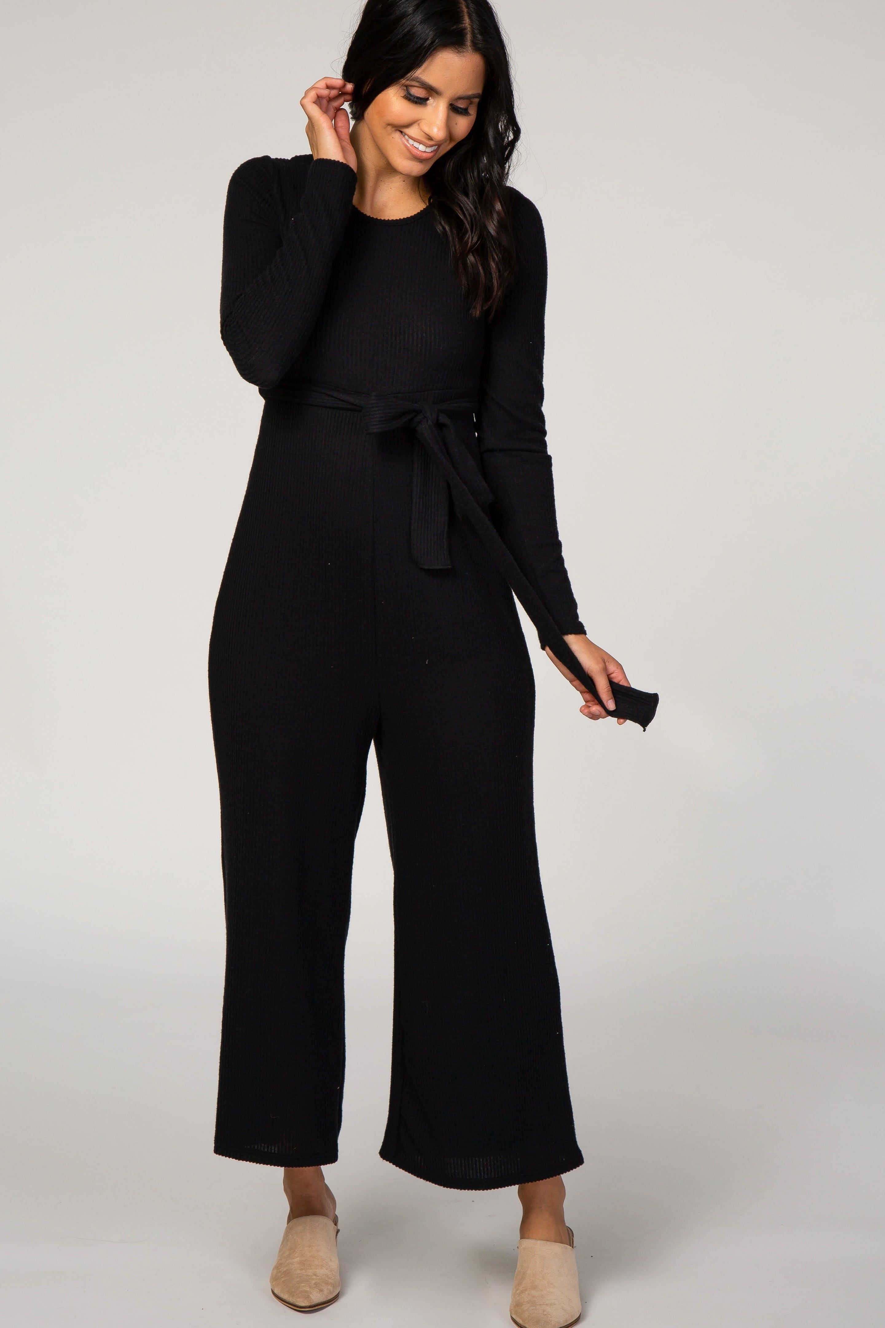 Black Ribbed Knit Long Sleeve Wide Leg Maternity Jumpsuit sold by Pinkblush product image thumbnail 4