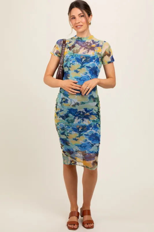Blue Floral Mesh Short Sleeve Maternity Midi Dress sold by Pinkblush