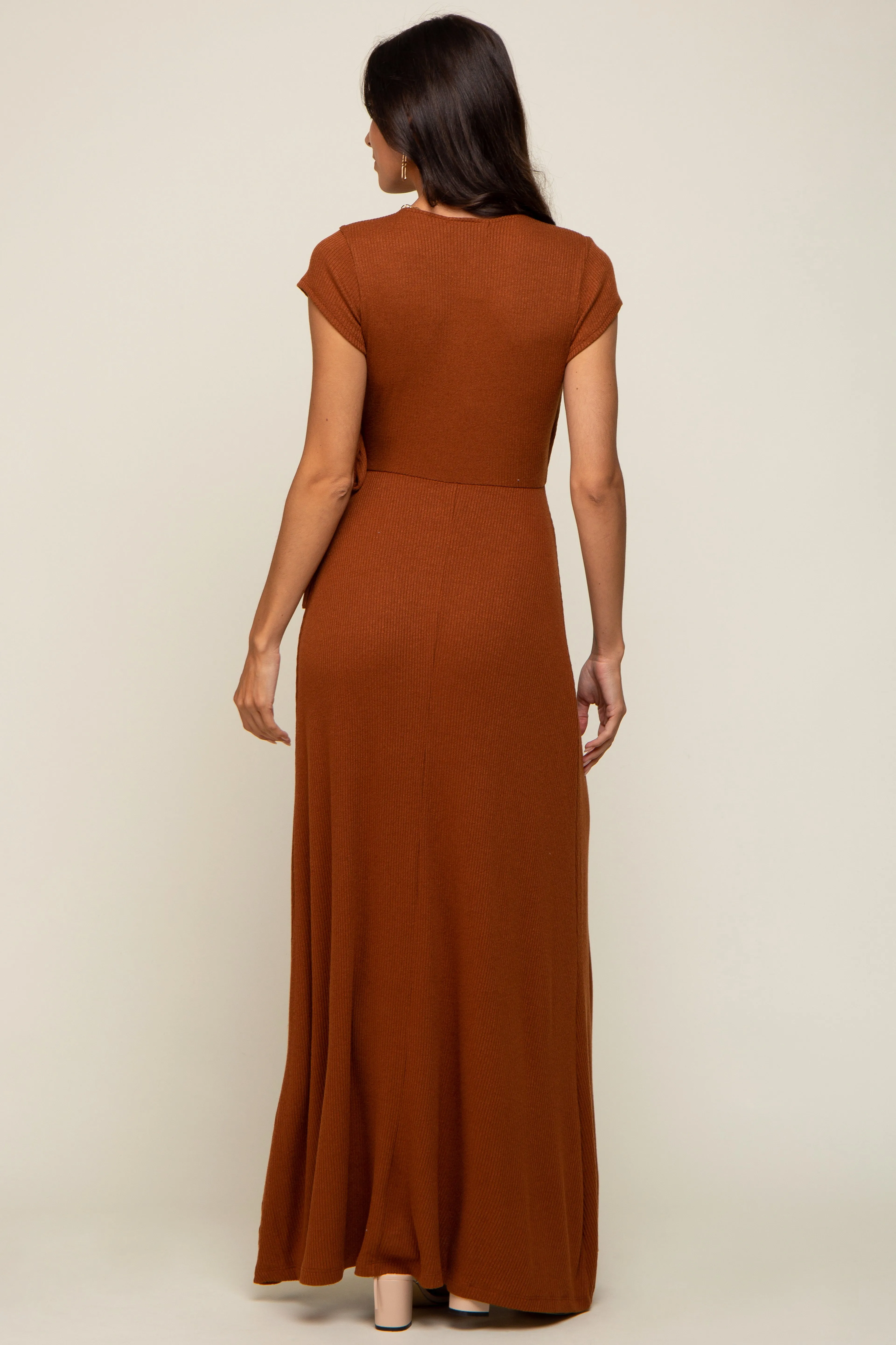 Rust Ribbed Wrapped Front V-Neck Maxi Dress sold by Pinkblush product image thumbnail 5