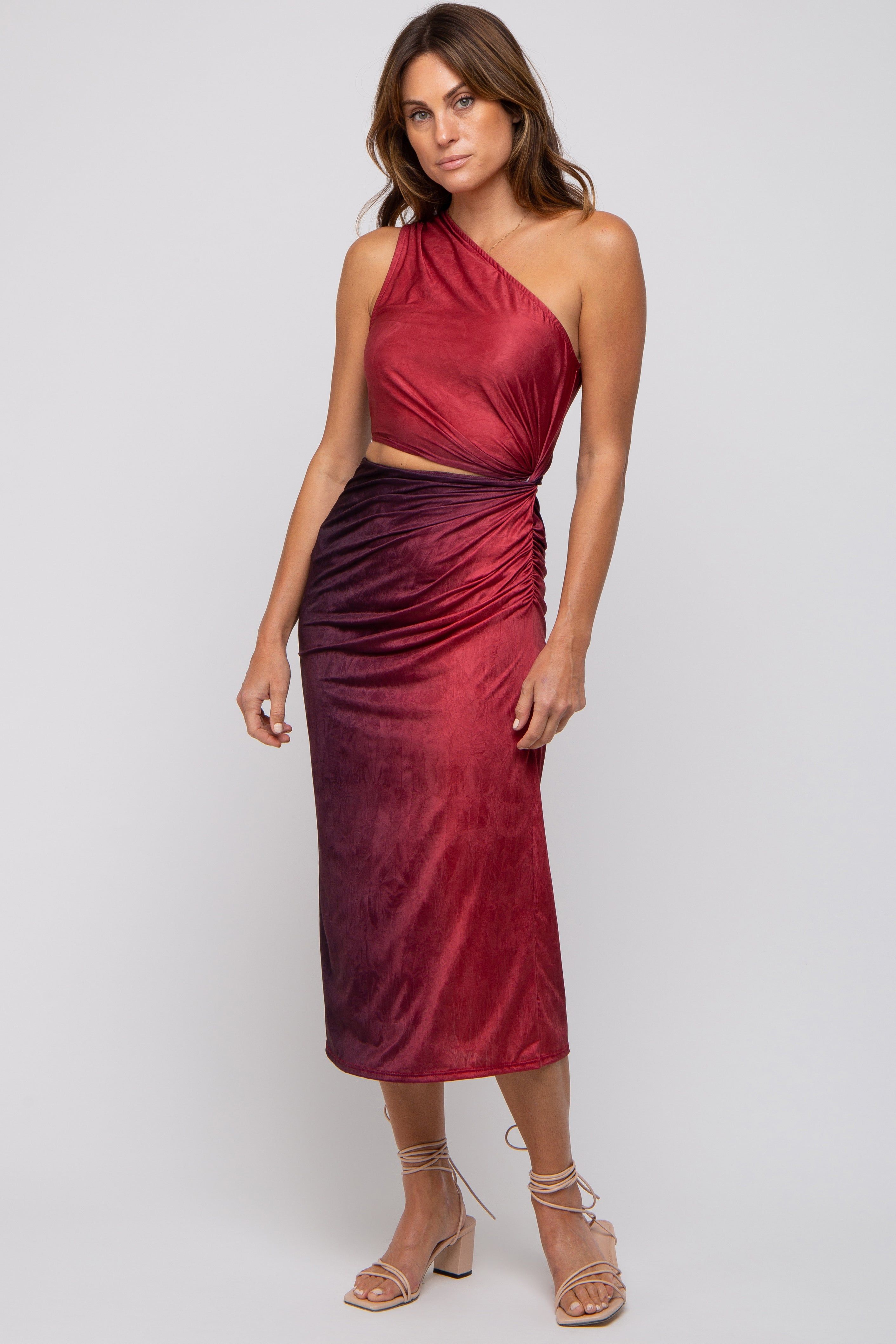 Burgundy One Shoulder Side Cutout Ruched Midi Dress sold by Pinkblush product image thumbnail 4