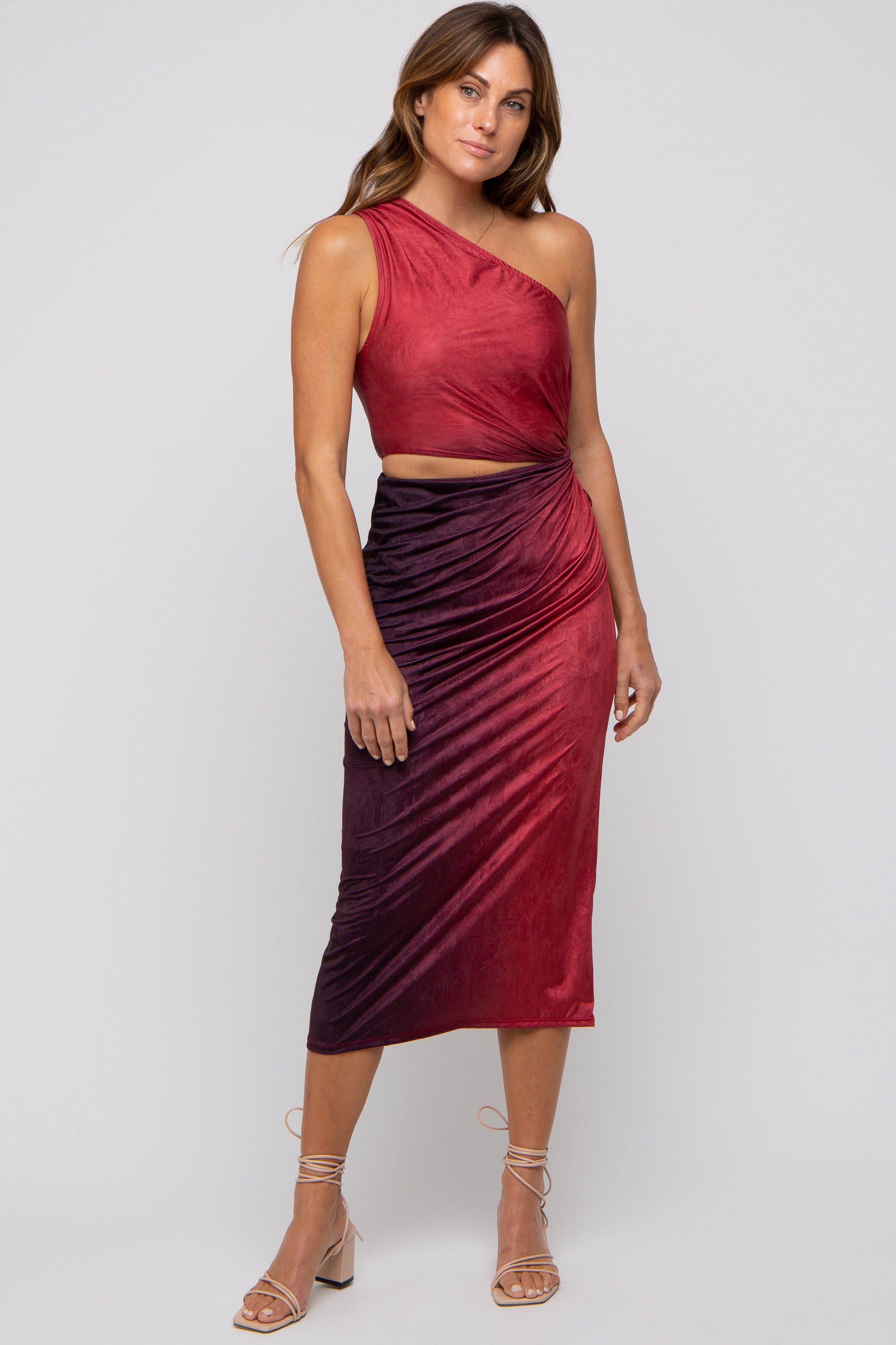 Burgundy One Shoulder Side Cutout Ruched Midi Dress sold by Pinkblush