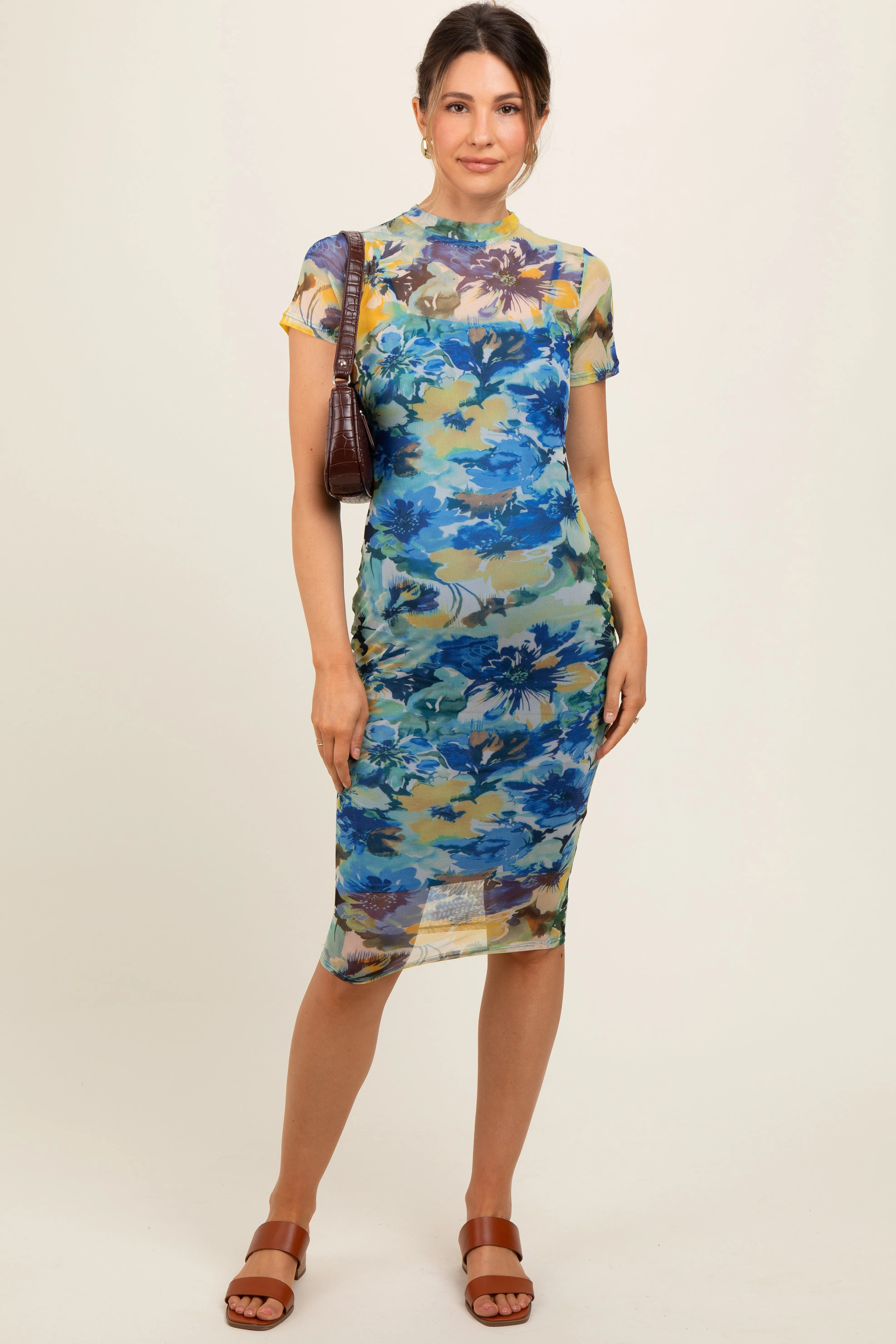 Blue Floral Mesh Short Sleeve Maternity Midi Dress sold by Pinkblush product image thumbnail 2