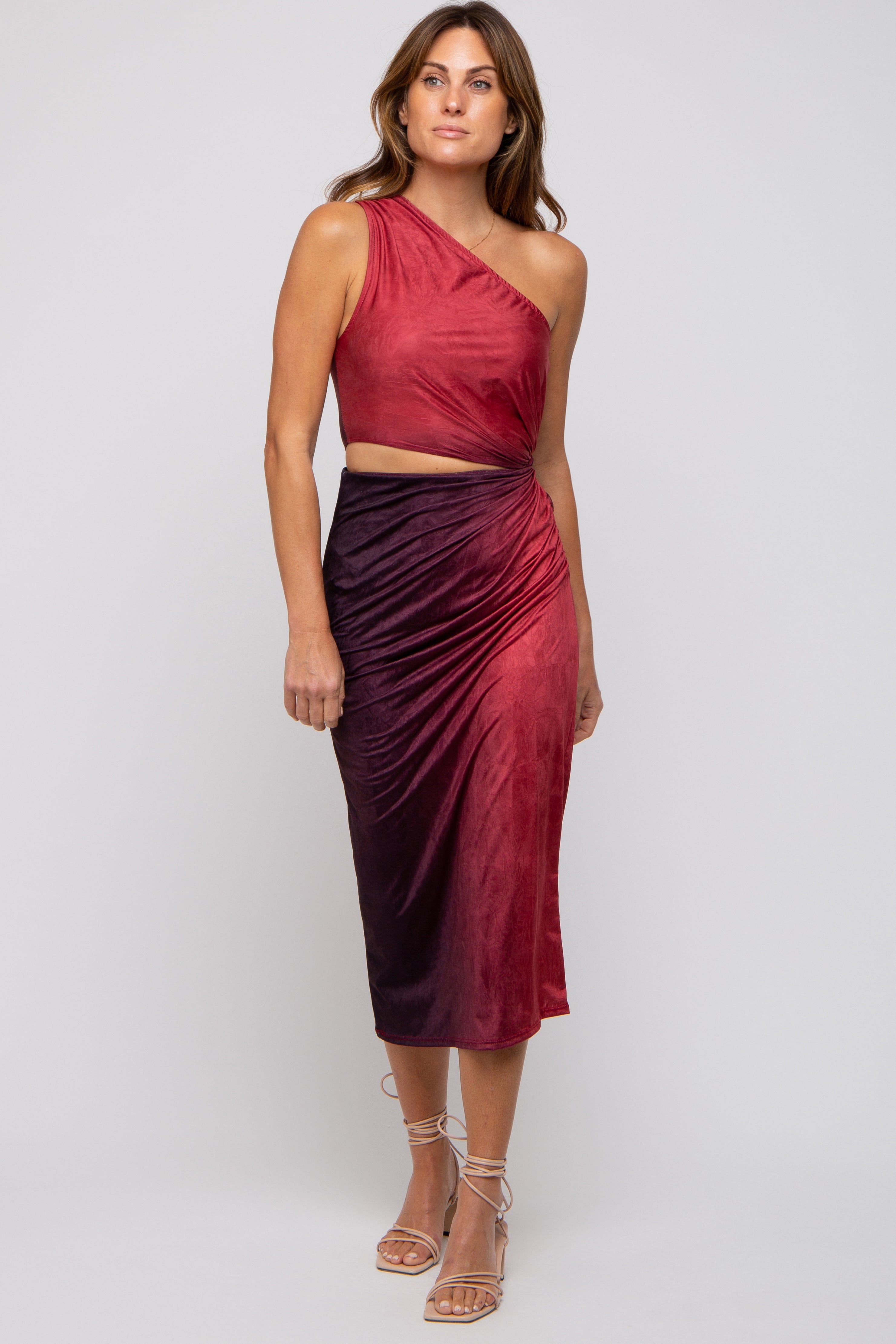 Burgundy One Shoulder Side Cutout Ruched Midi Dress sold by Pinkblush product image thumbnail 5