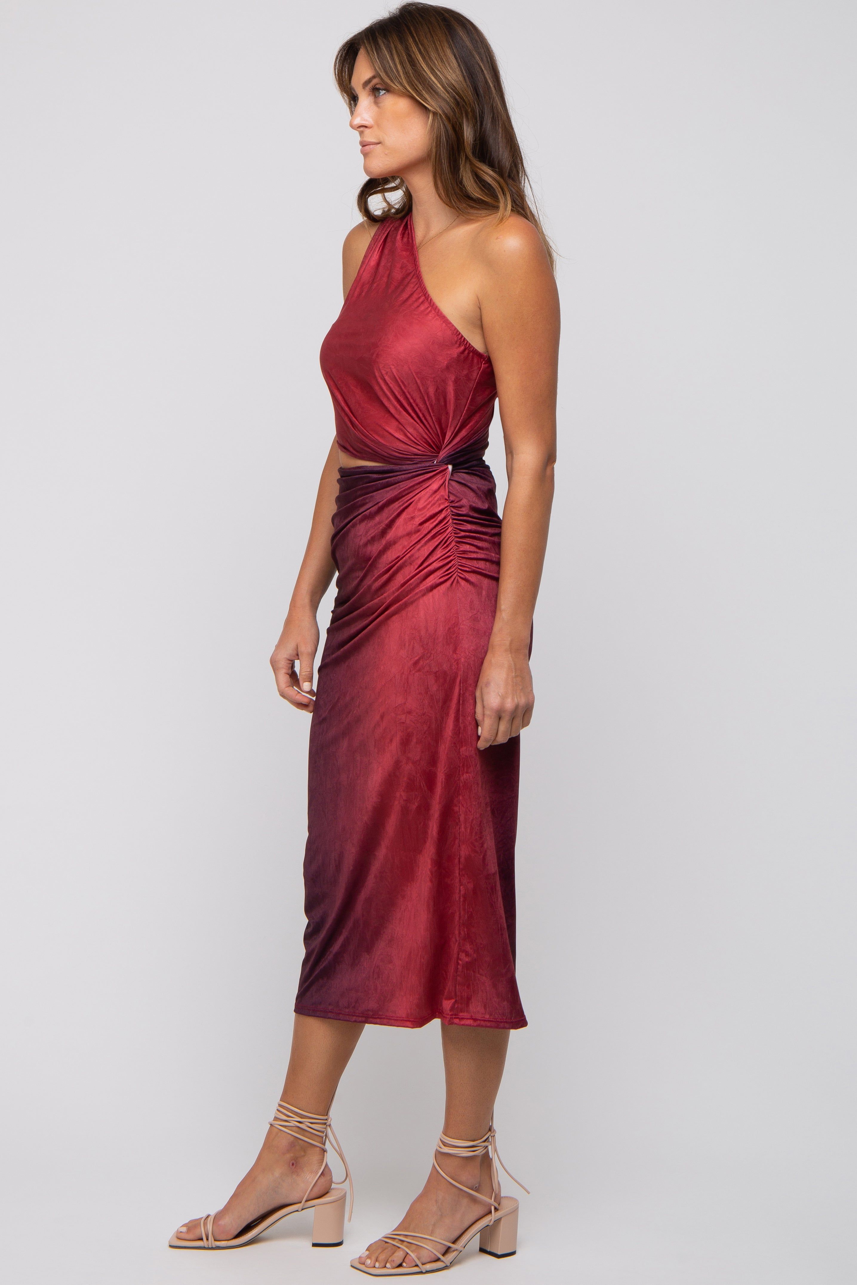 Burgundy One Shoulder Side Cutout Ruched Midi Dress sold by Pinkblush product image thumbnail 2