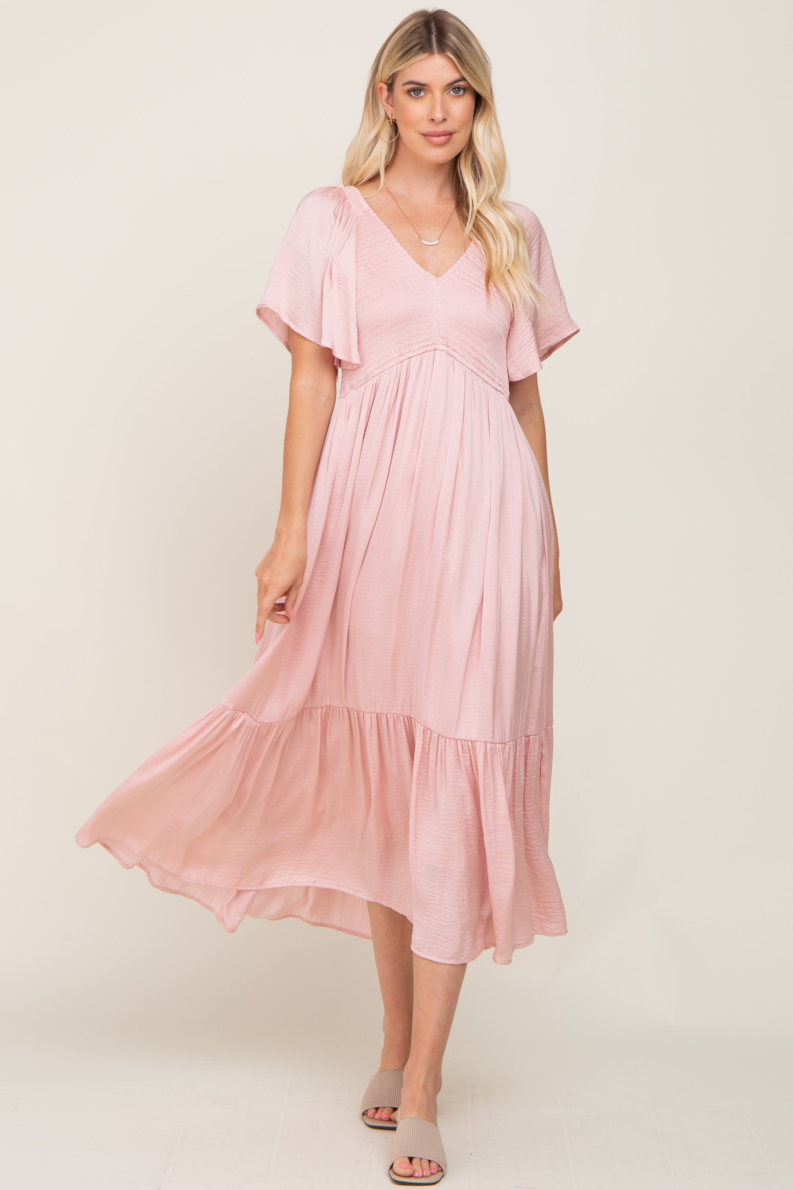 Light Pink Satin Smocked Midi Dress sold by Pinkblush product image thumbnail 4
