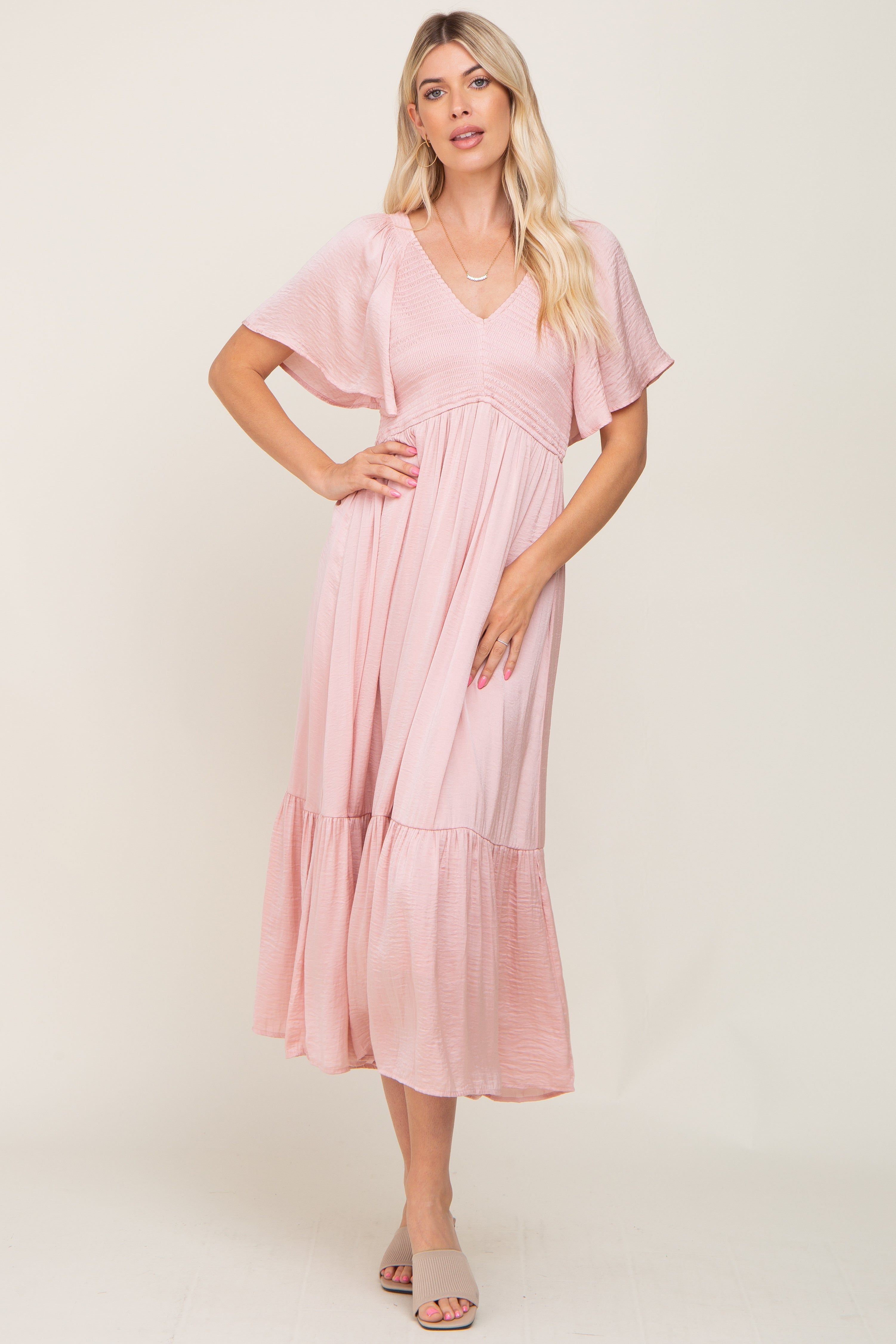 Light Pink Satin Smocked Midi Dress sold by Pinkblush
