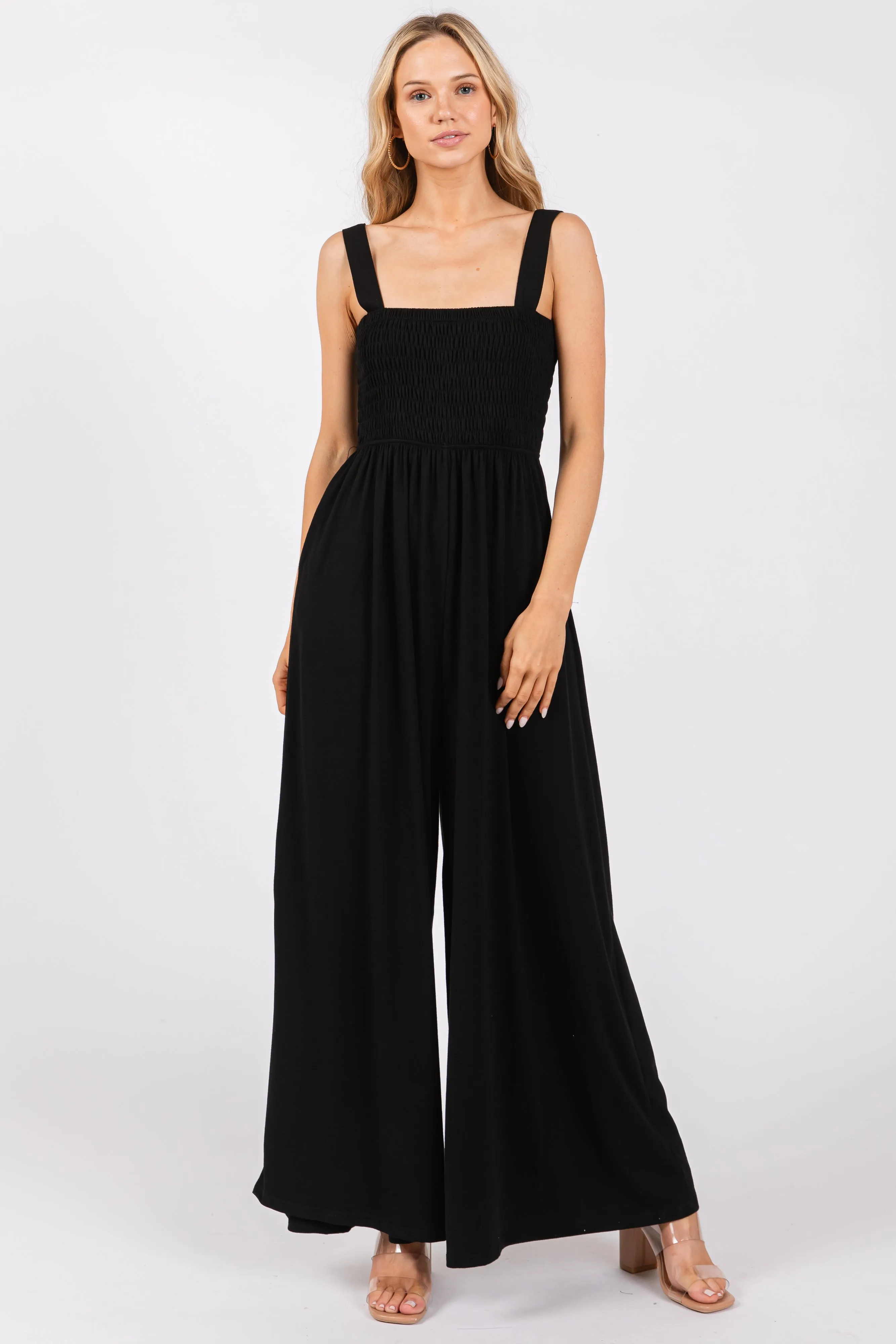 Black Smocked Wide Leg Jumpsuit sold by Pinkblush
