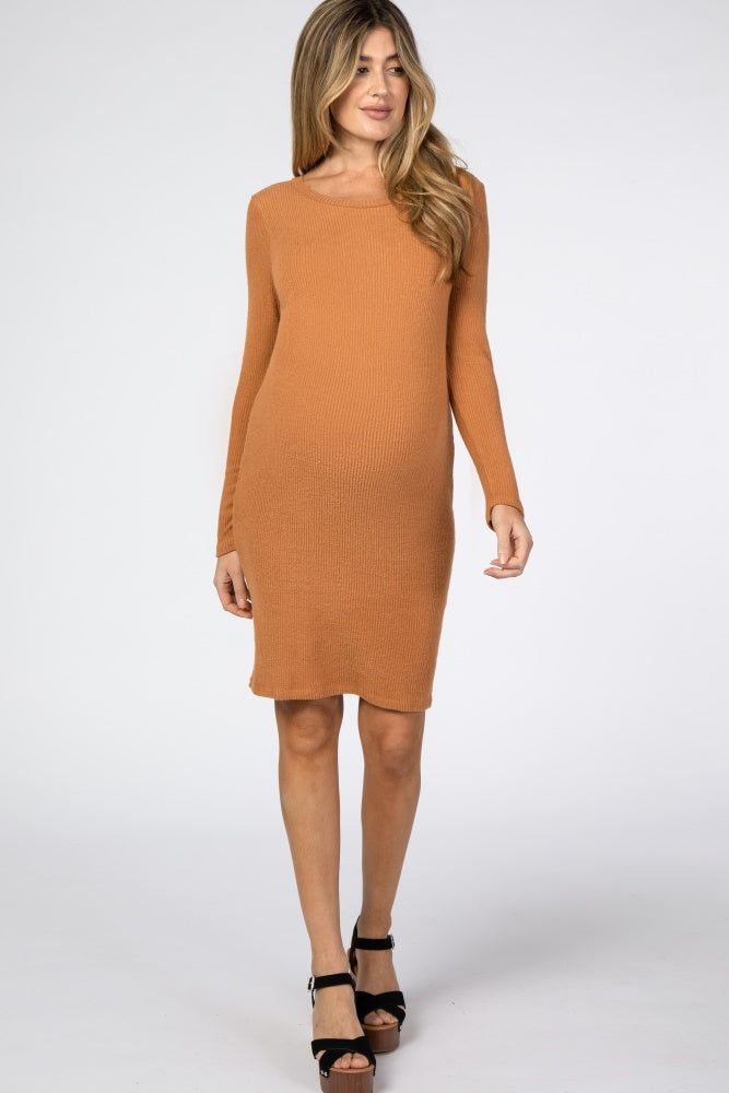 Rust Knit Long Sleeve Maternity Dress sold by Pinkblush