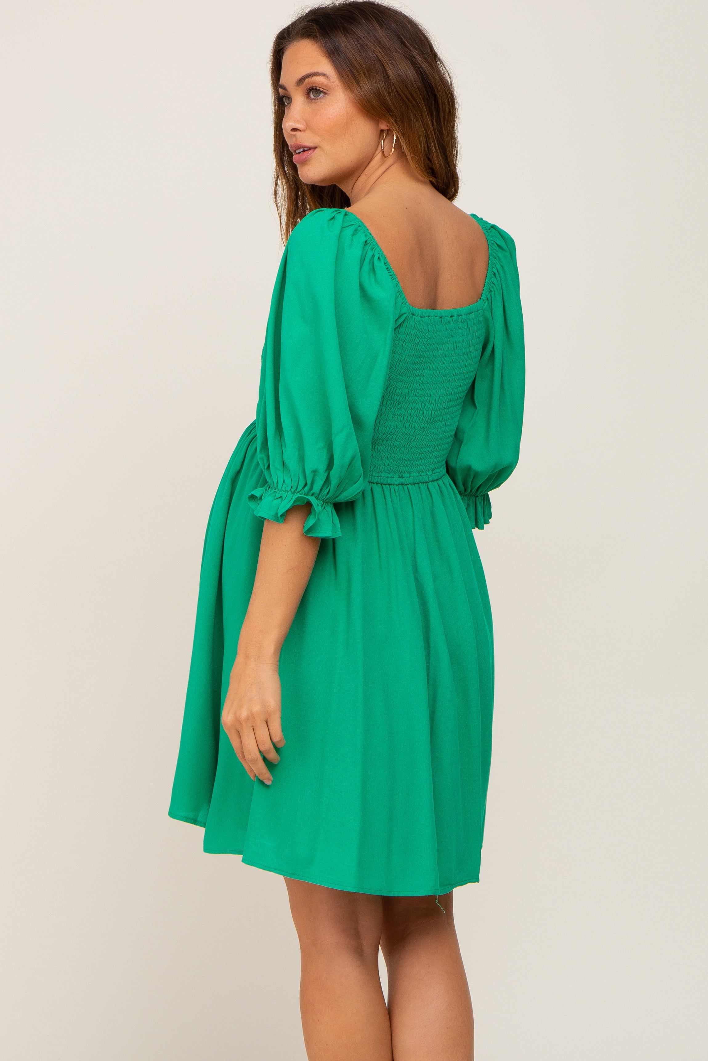 Green Smocked Puff Sleeve Maternity Dress sold by Pinkblush product image thumbnail 3
