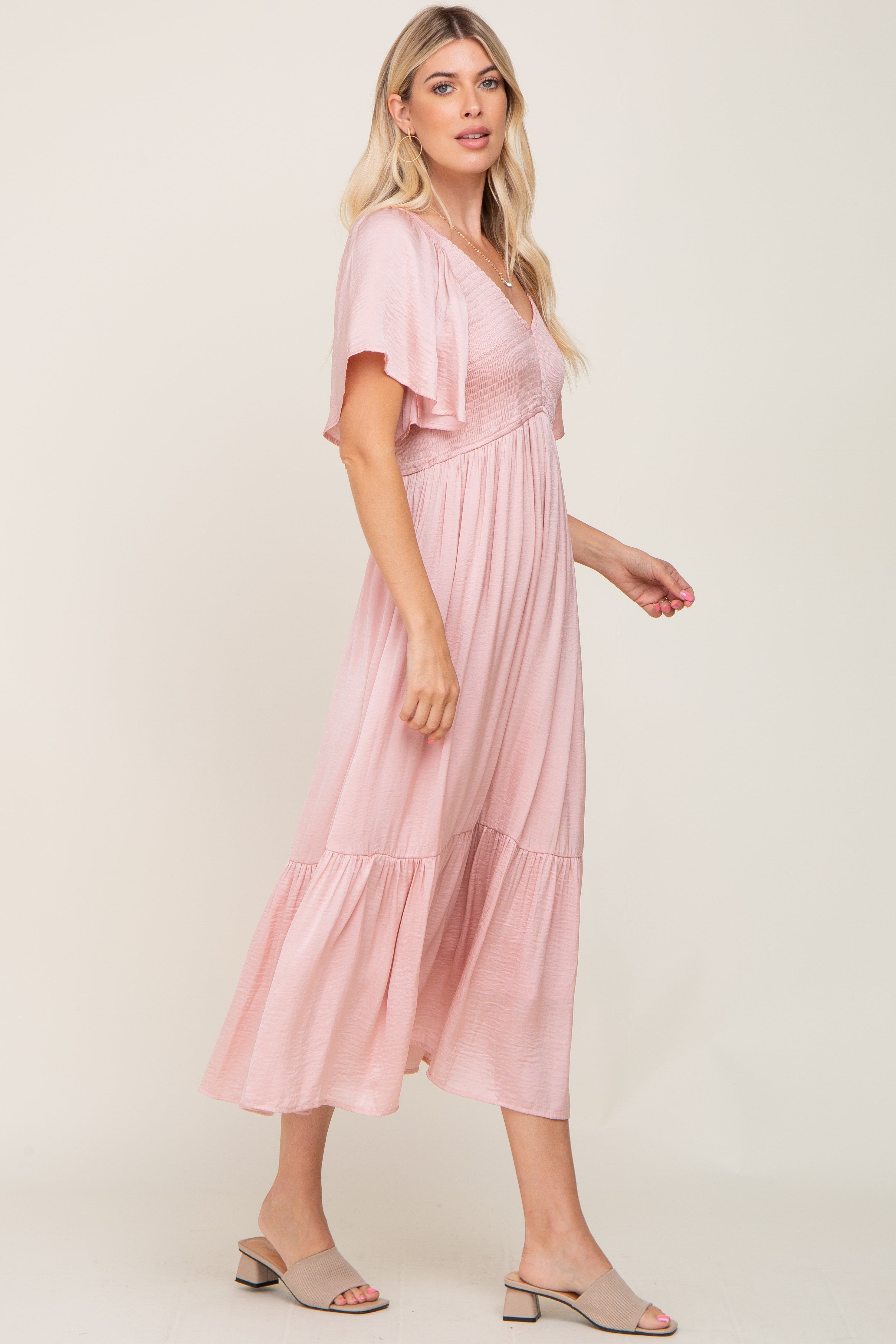 Light Pink Satin Smocked Midi Dress sold by Pinkblush product image thumbnail 2
