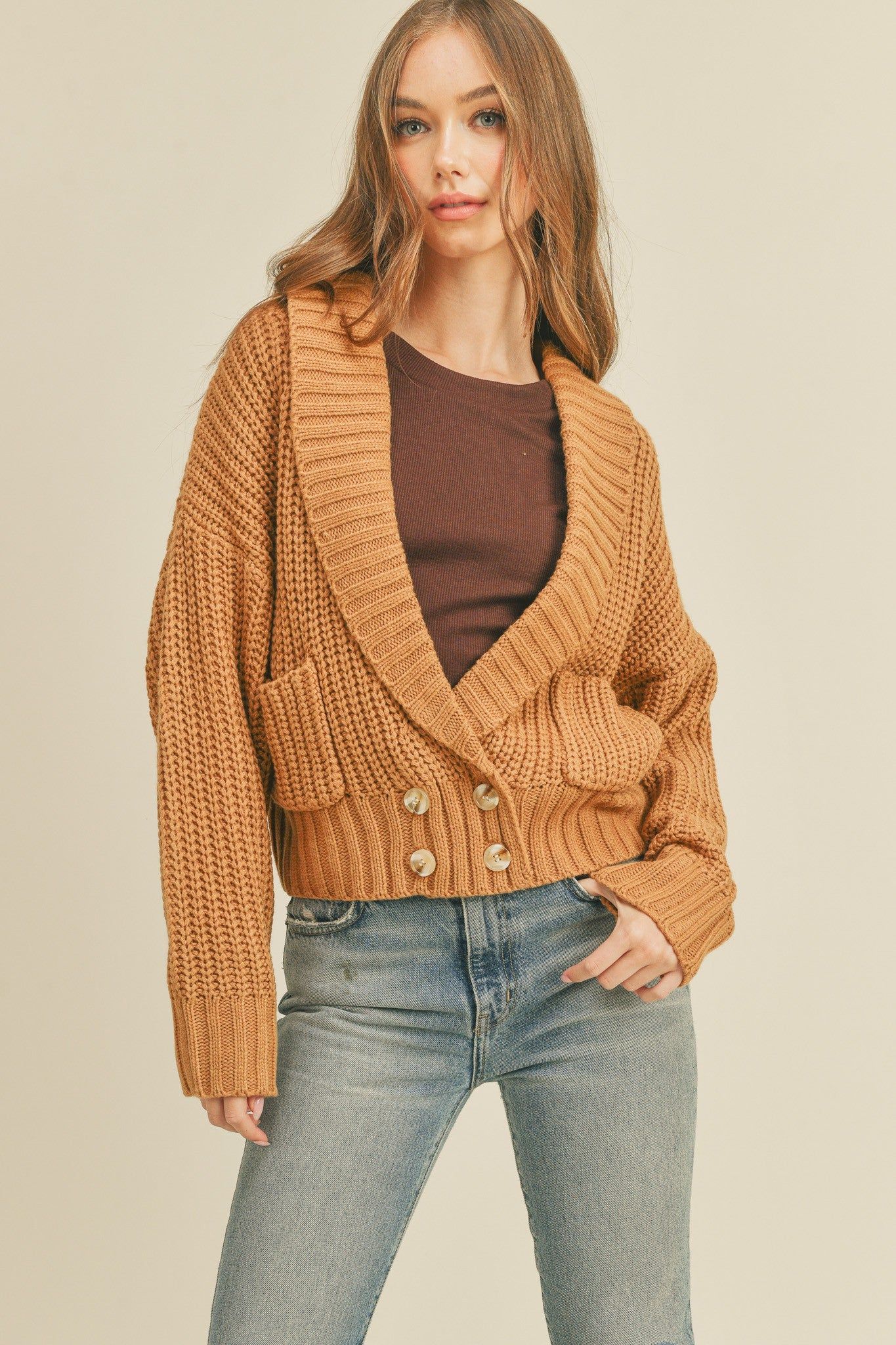 Brown Shawl Collar Sweater Cardigan sold by Pinkblush