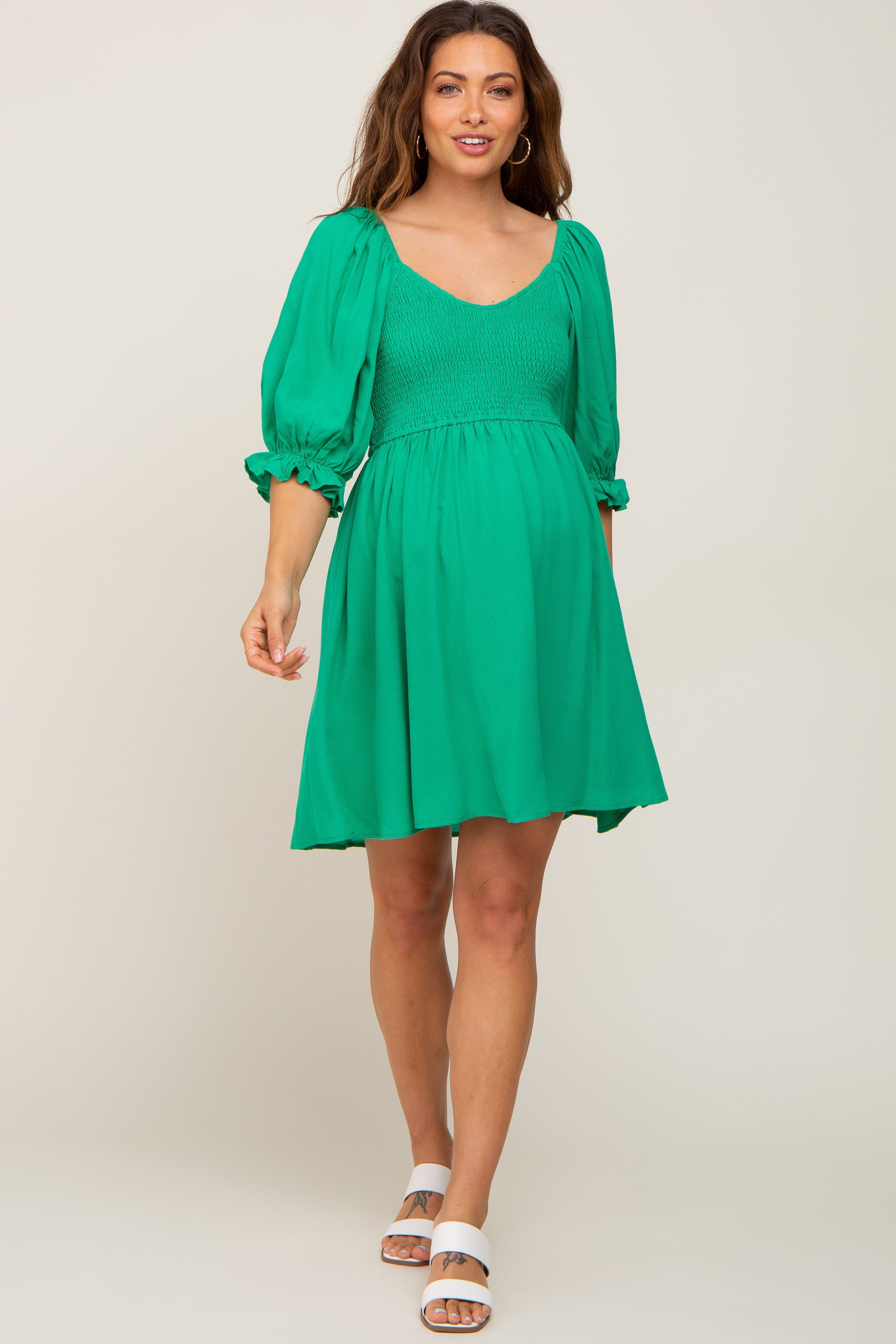 Green Smocked Puff Sleeve Maternity Dress sold by Pinkblush product image thumbnail 4