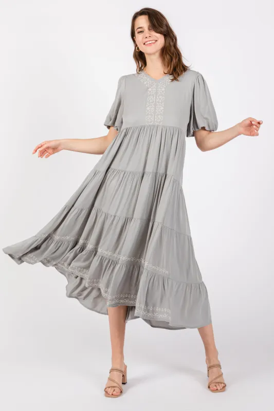 Grey Short Sleeve Tiered Dress sold by Pinkblush