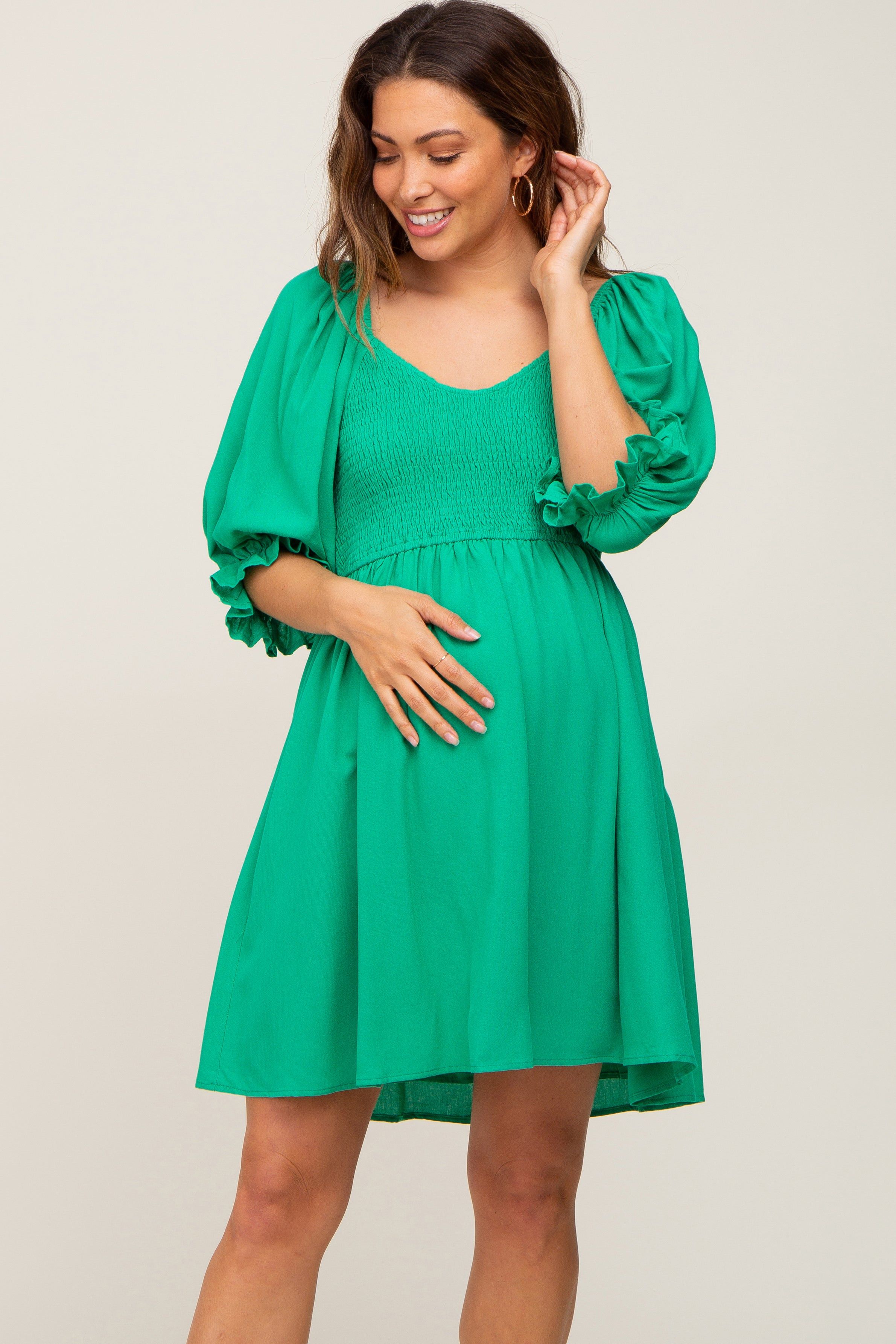 Green Smocked Puff Sleeve Maternity Dress sold by Pinkblush