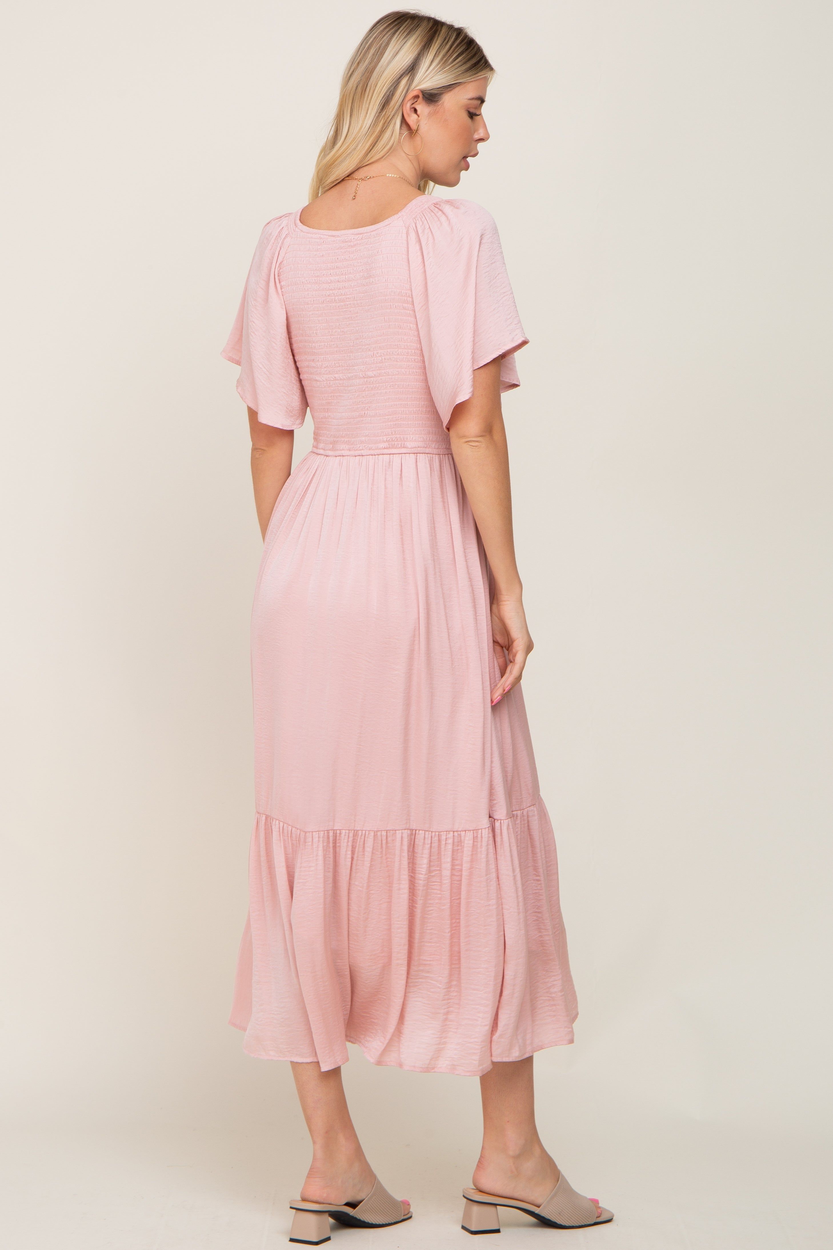 Light Pink Satin Smocked Midi Dress sold by Pinkblush product image thumbnail 3