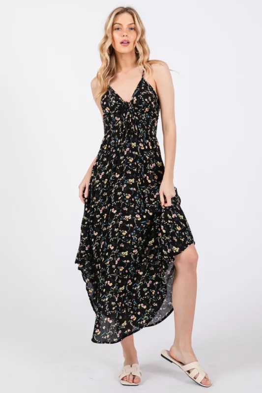 Black Floral Cinched Tie Bust Midi Dress sold by Pinkblush