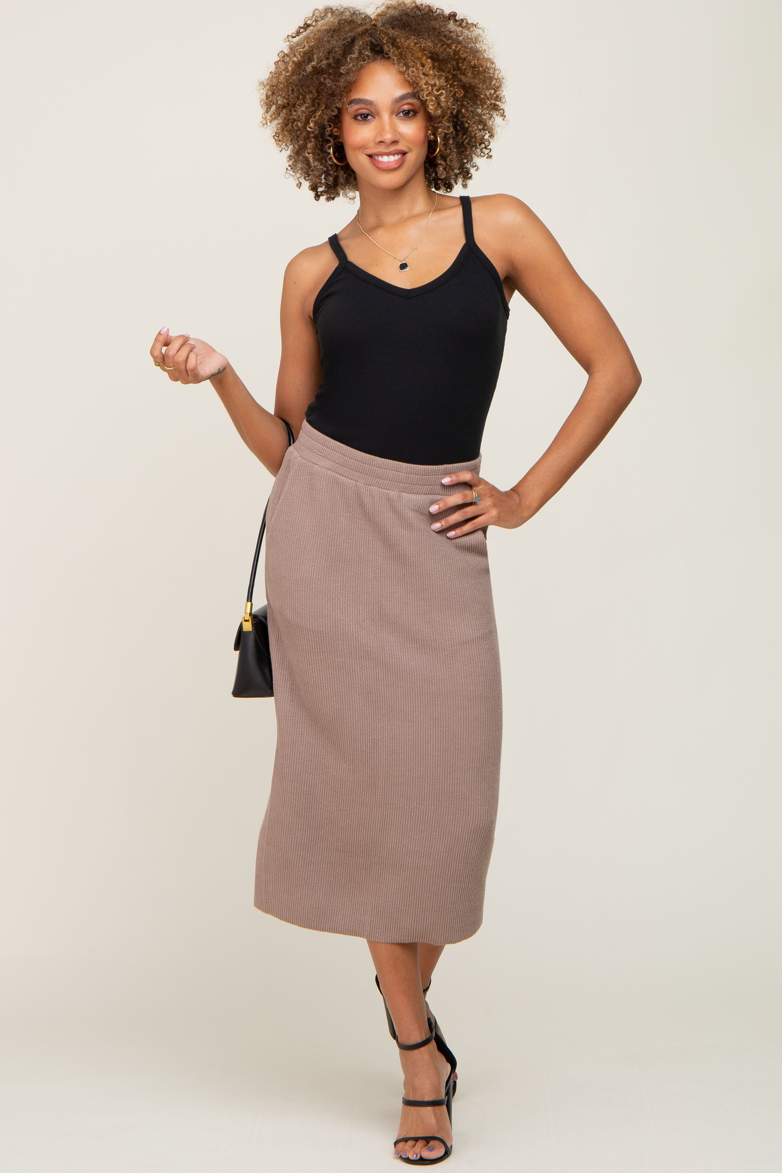 Mocha Ribbed Knit Midi Skirt sold by Pinkblush