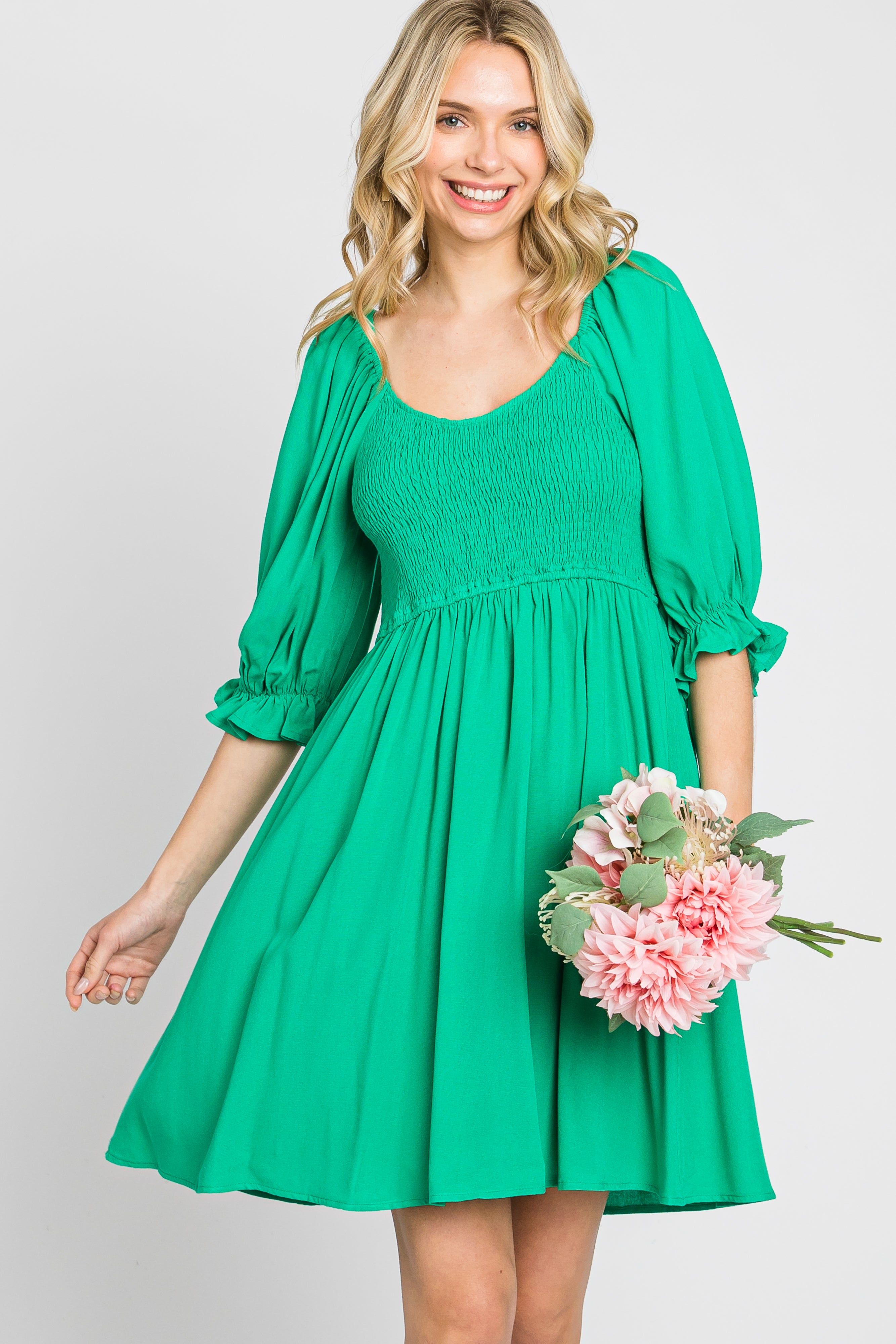 Green Smocked Puff Sleeve Maternity Dress sold by Pinkblush product image thumbnail 5