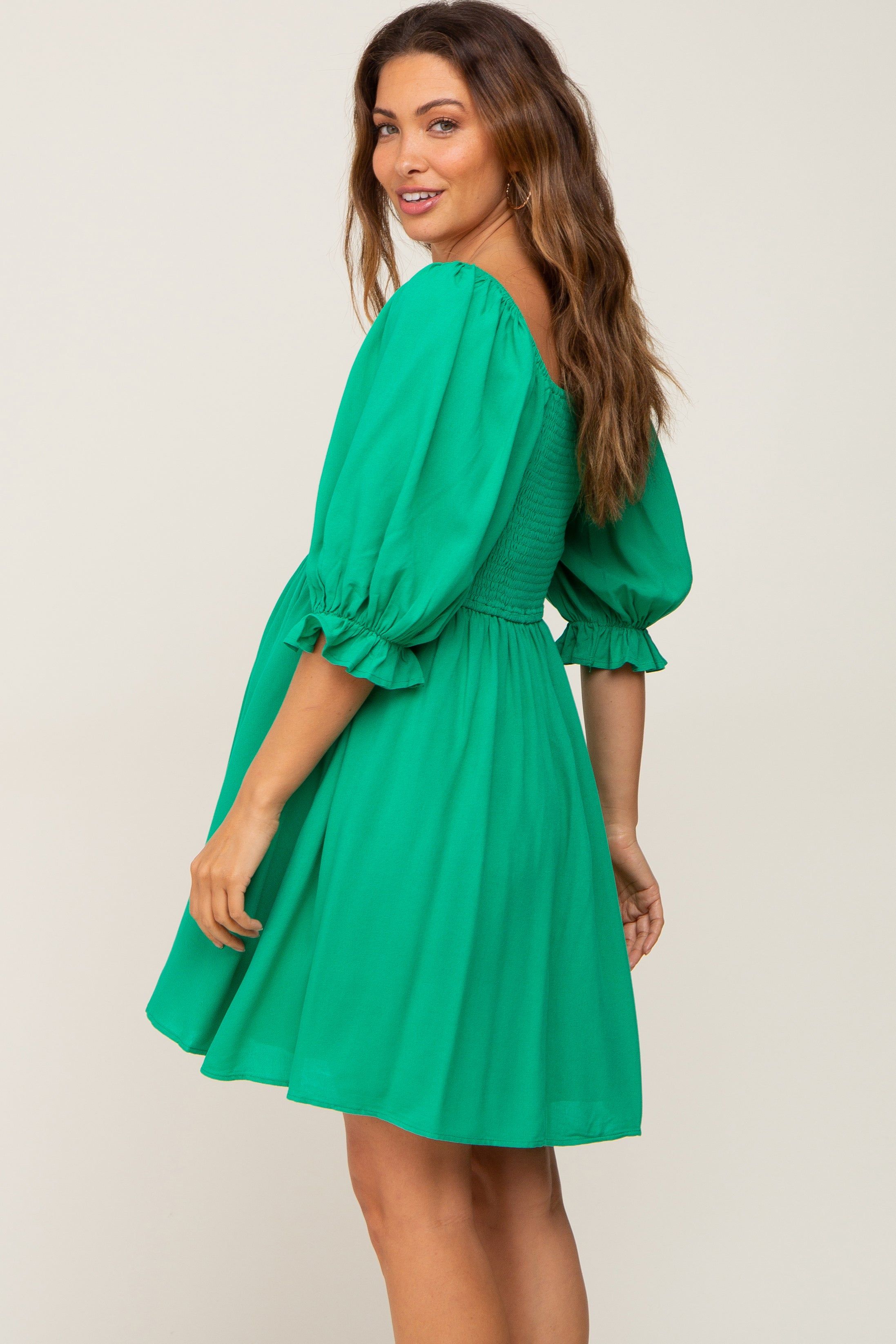 Green Smocked Puff Sleeve Maternity Dress sold by Pinkblush product image thumbnail 2
