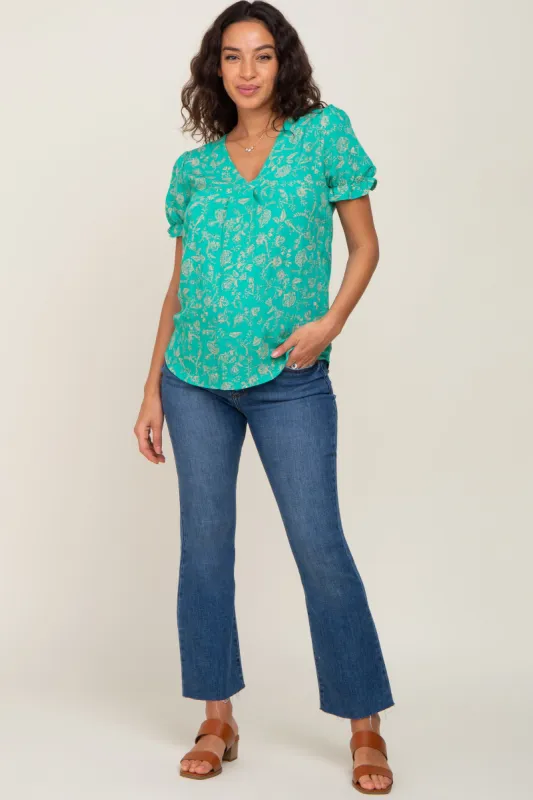 Green Floral Short Ruffle Sleeve Maternity Top sold by Pinkblush