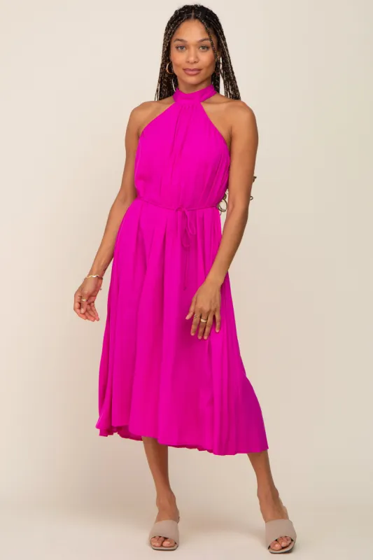 Magenta Pleated Halter Midi Dress sold by Pinkblush