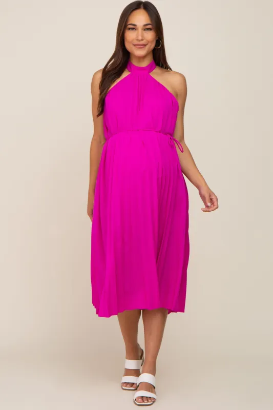 Magenta Pleated Halter Maternity Midi Dress sold by Pinkblush