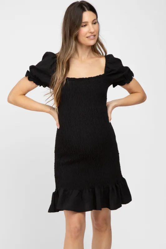 Black Smocked Puff Sleeve Maternity Dress sold by Pinkblush