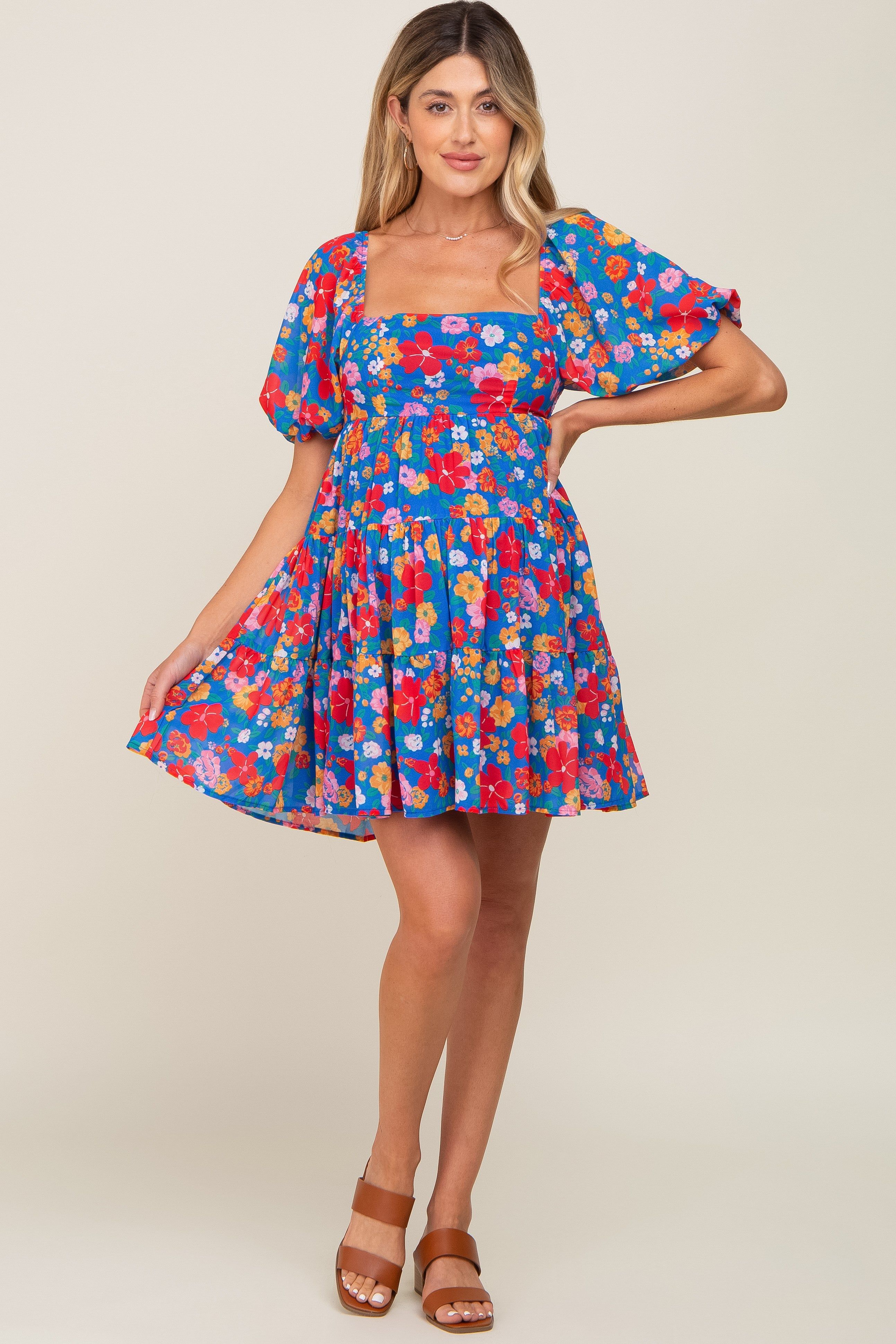 Royal Blue Floral Tiered Maternity Mini Dress sold by Pinkblush product image thumbnail 4