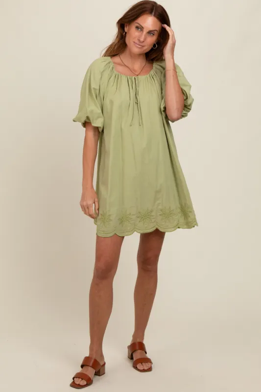 Light Olive Embroidered Puff Sleeve Dress sold by Pinkblush