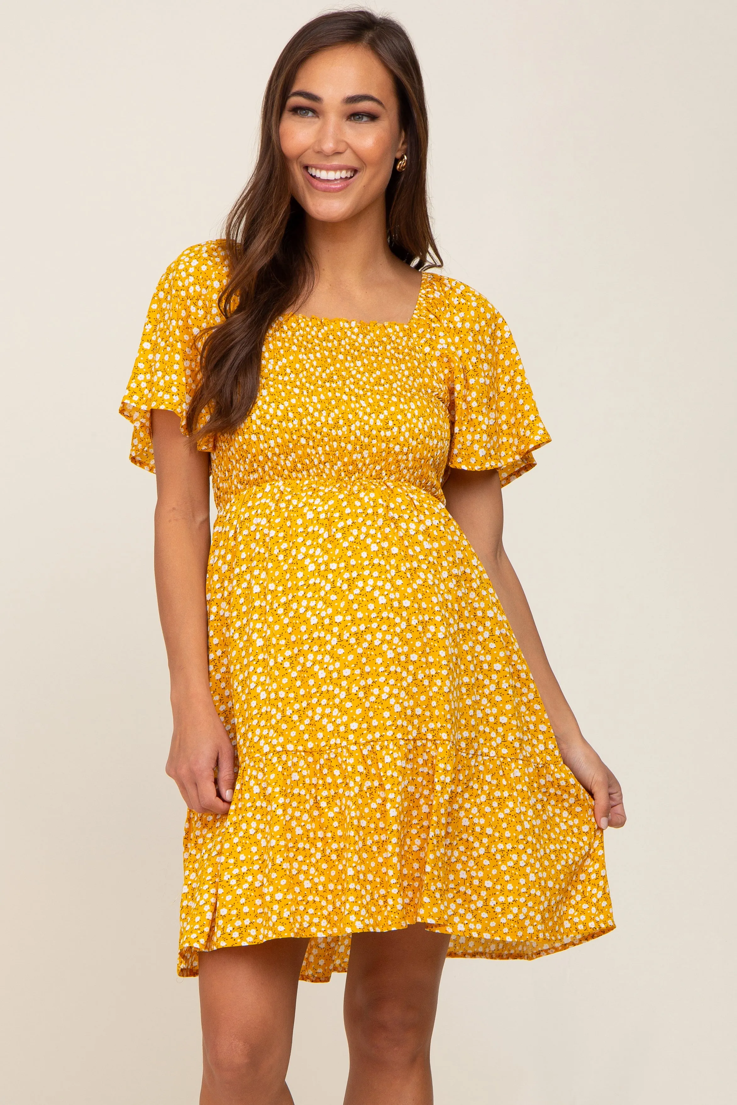 Yellow Floral Smocked Square Neck Ruffle Hem Maternity Dress sold by Pinkblush product image thumbnail 2