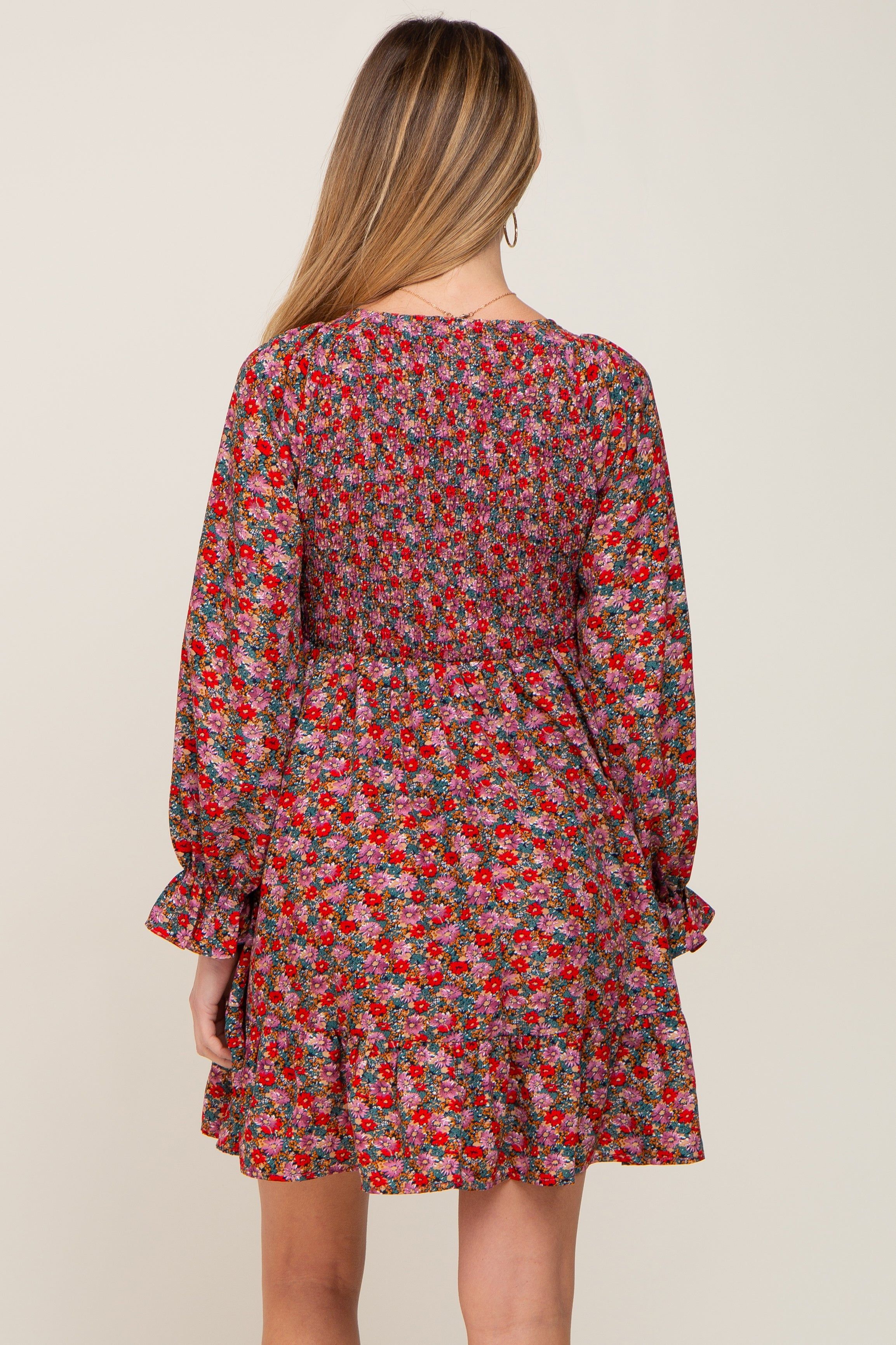 Red Floral Smocked Long Sleeve Maternity Dress sold by Pinkblush product image thumbnail 3
