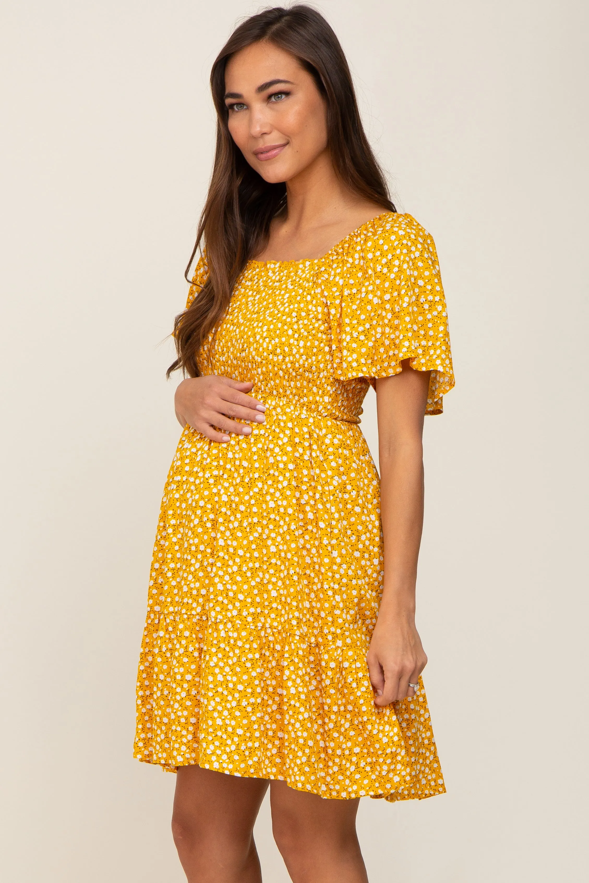 Yellow Floral Smocked Square Neck Ruffle Hem Maternity Dress sold by Pinkblush product image thumbnail 3