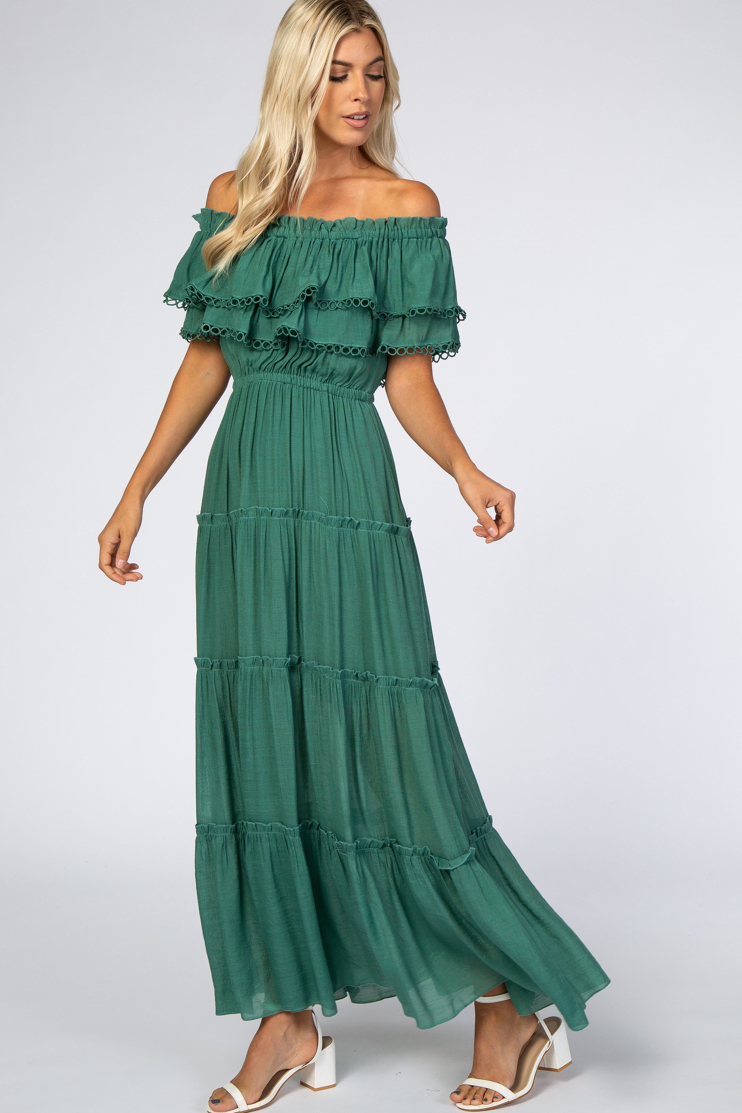 Green Off Shoulder Eyelet Tiered Maxi Dress sold by Pinkblush product image thumbnail 2