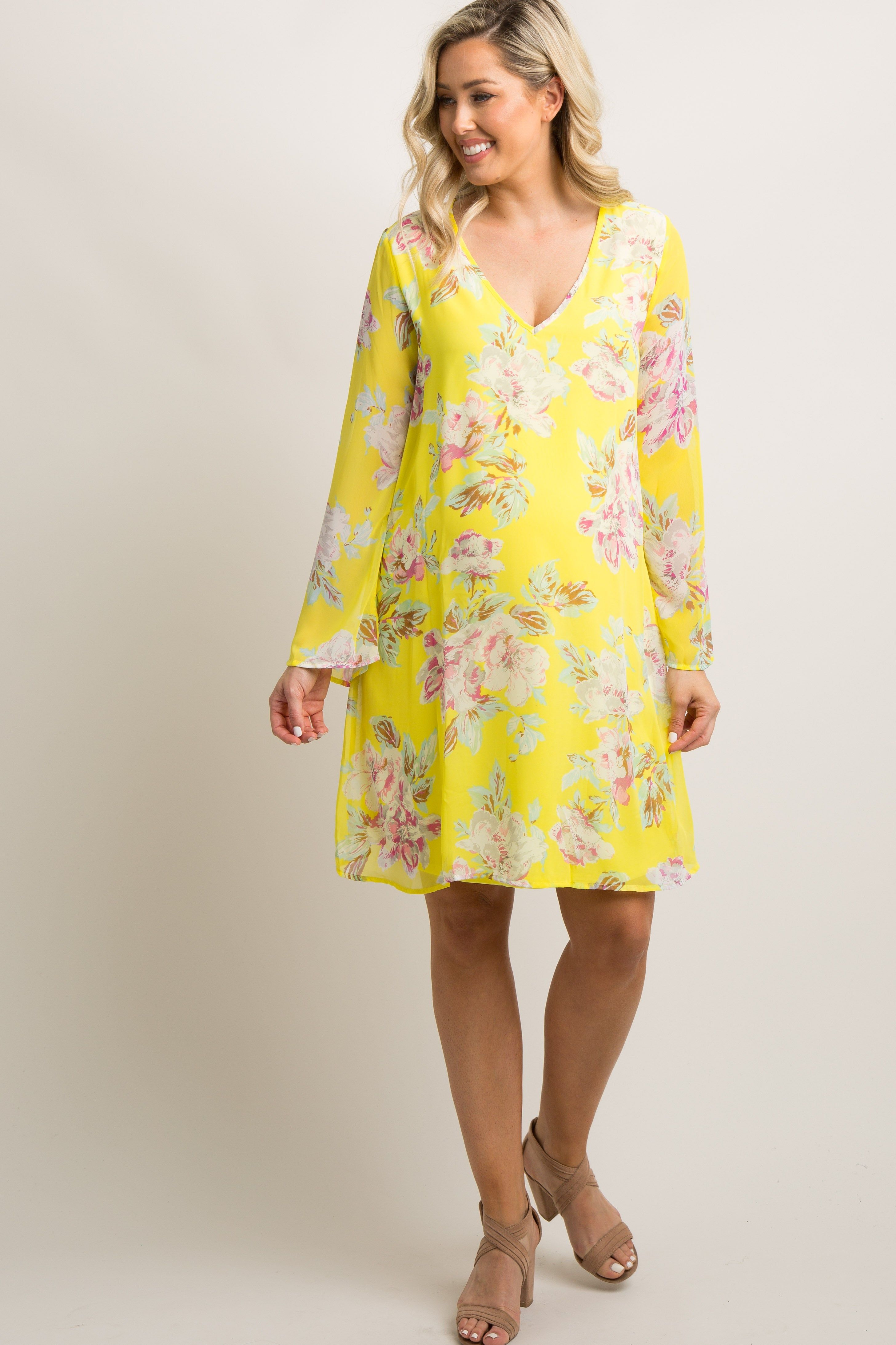 PinkBlush Yellow Floral Printed V-Neck Chiffon Maternity Dress sold by Pinkblush product image thumbnail 4