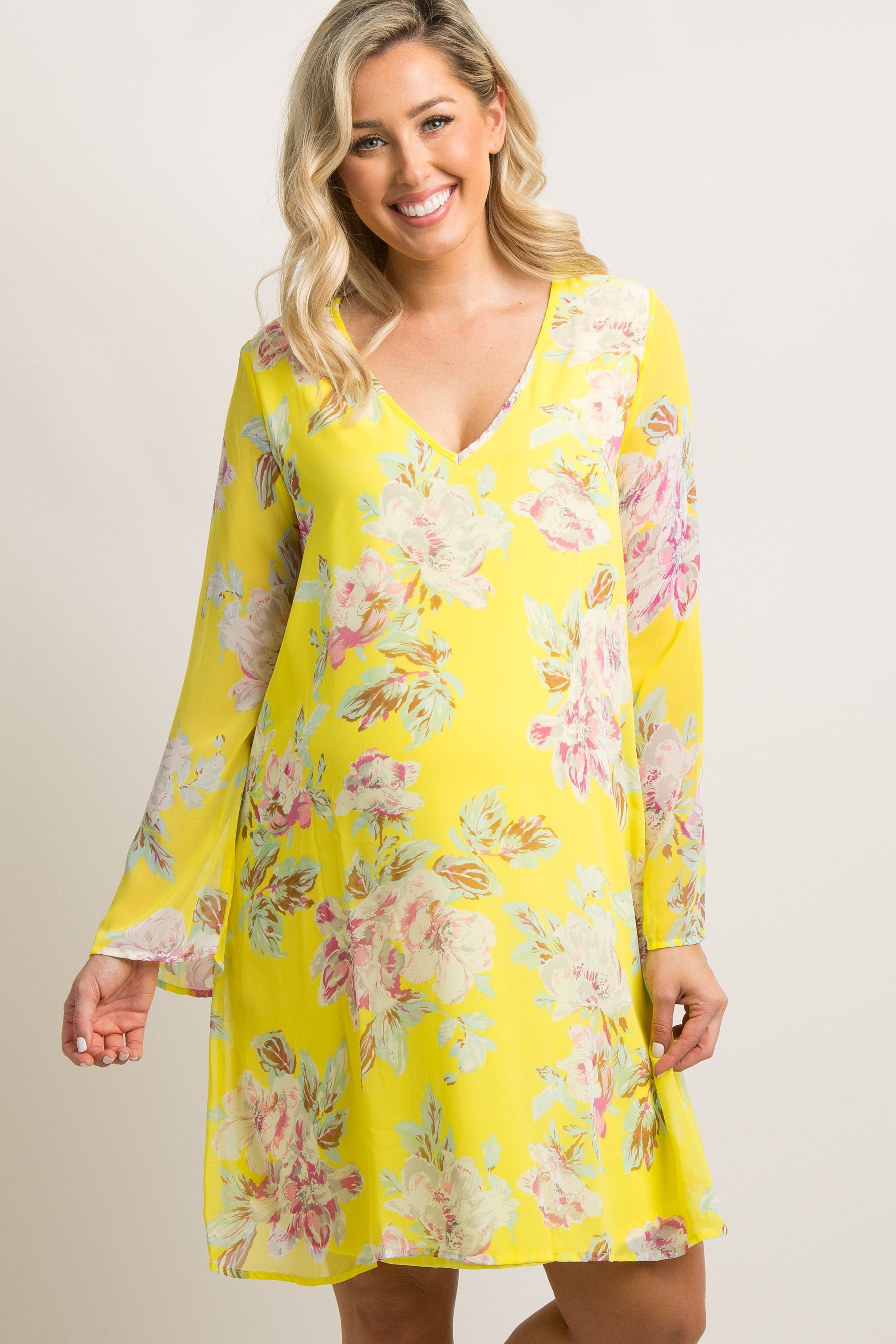 PinkBlush Yellow Floral Printed V-Neck Chiffon Maternity Dress sold by Pinkblush