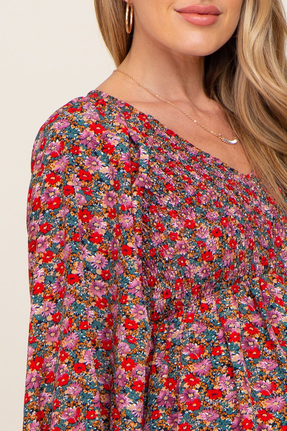 Red Floral Smocked Long Sleeve Maternity Dress sold by Pinkblush product image thumbnail 4