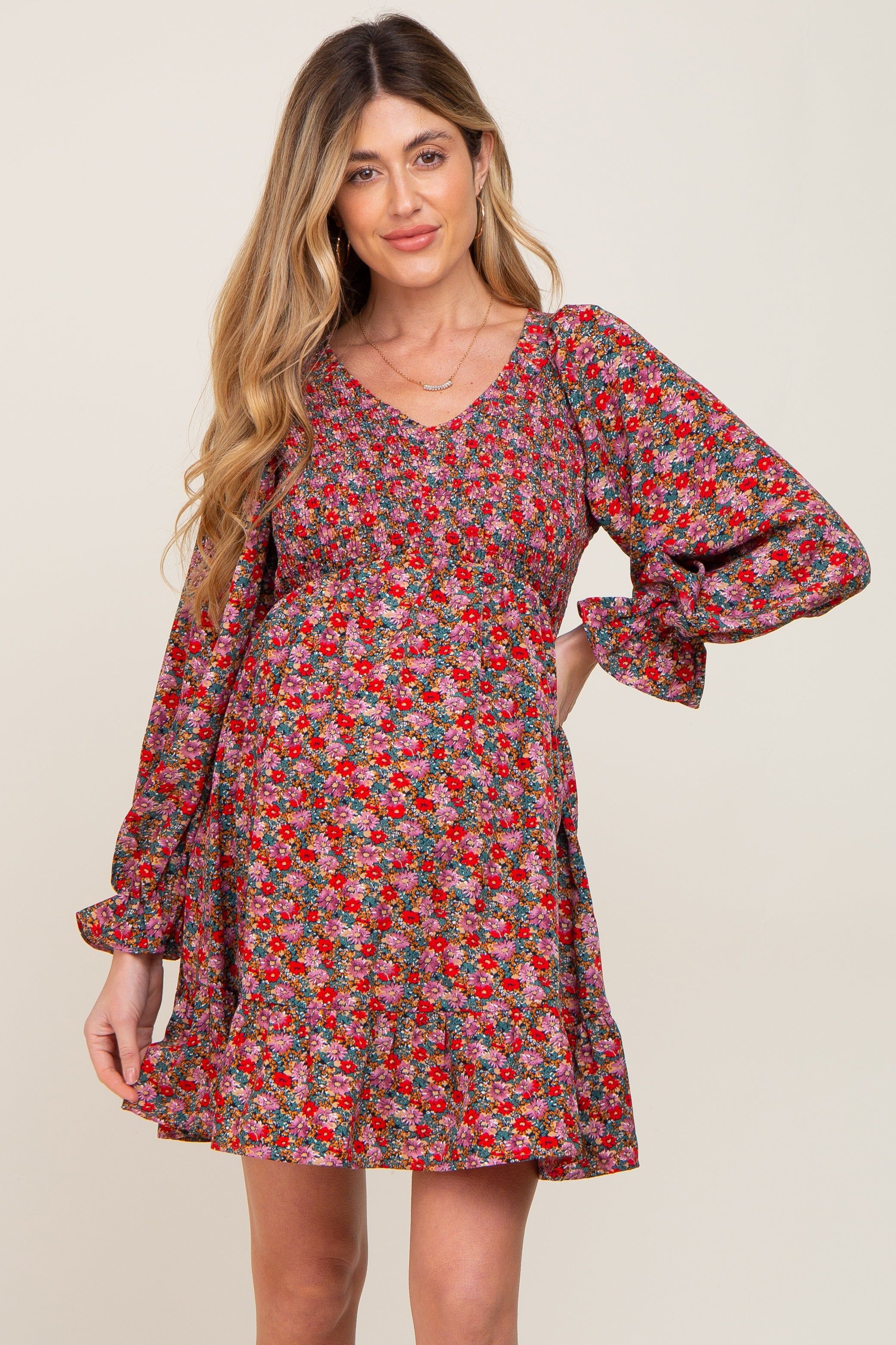 Red Floral Smocked Long Sleeve Maternity Dress sold by Pinkblush