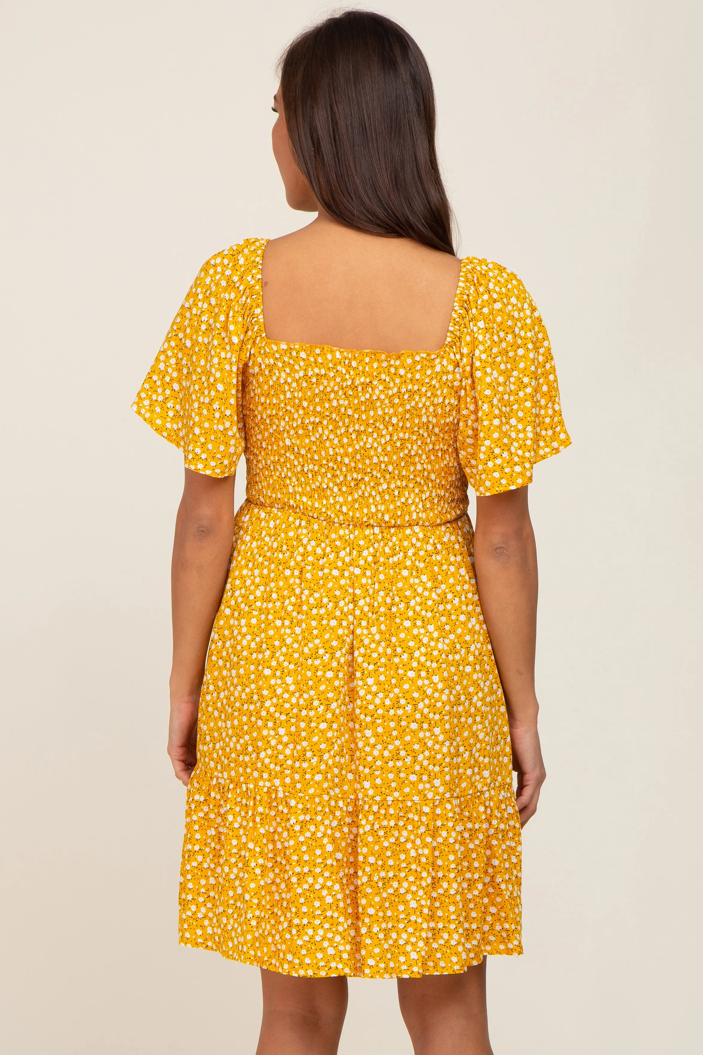 Yellow Floral Smocked Square Neck Ruffle Hem Maternity Dress sold by Pinkblush product image thumbnail 4