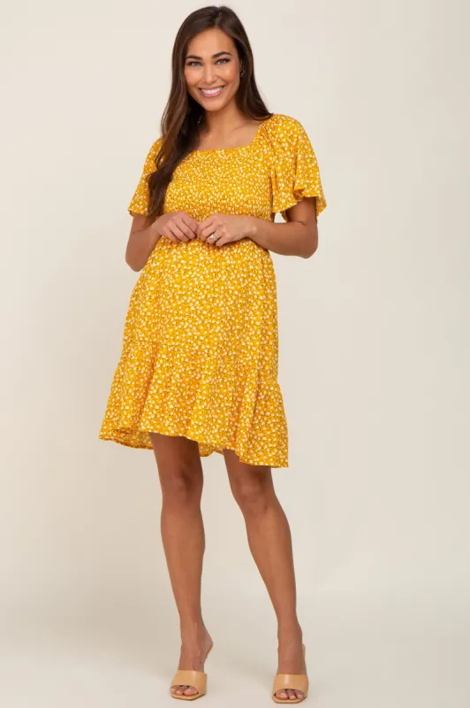 Yellow Floral Smocked Square Neck Ruffle Hem Maternity Dress sold by Pinkblush