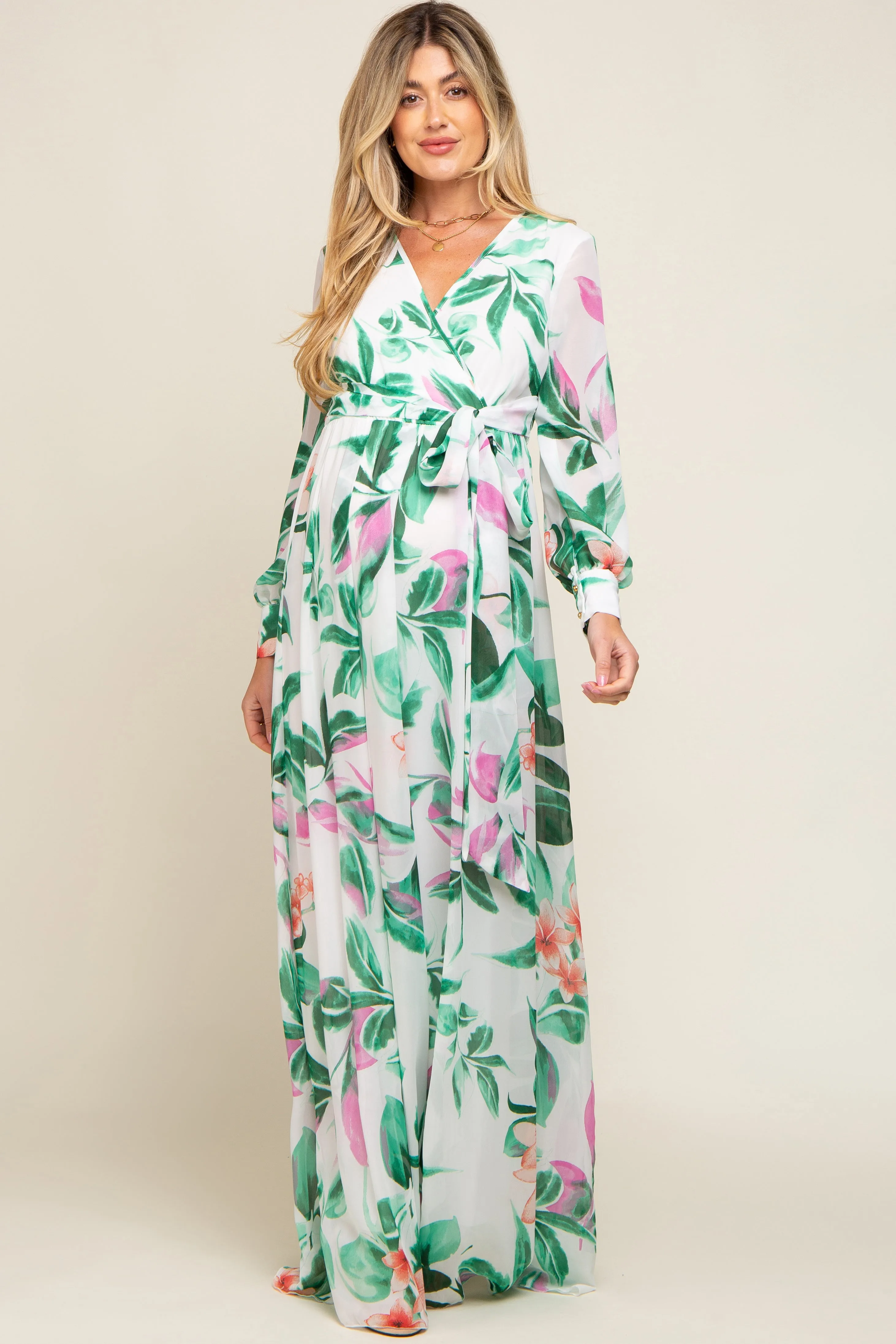 White Floral Chiffon Maternity Maxi Dress sold by Pinkblush