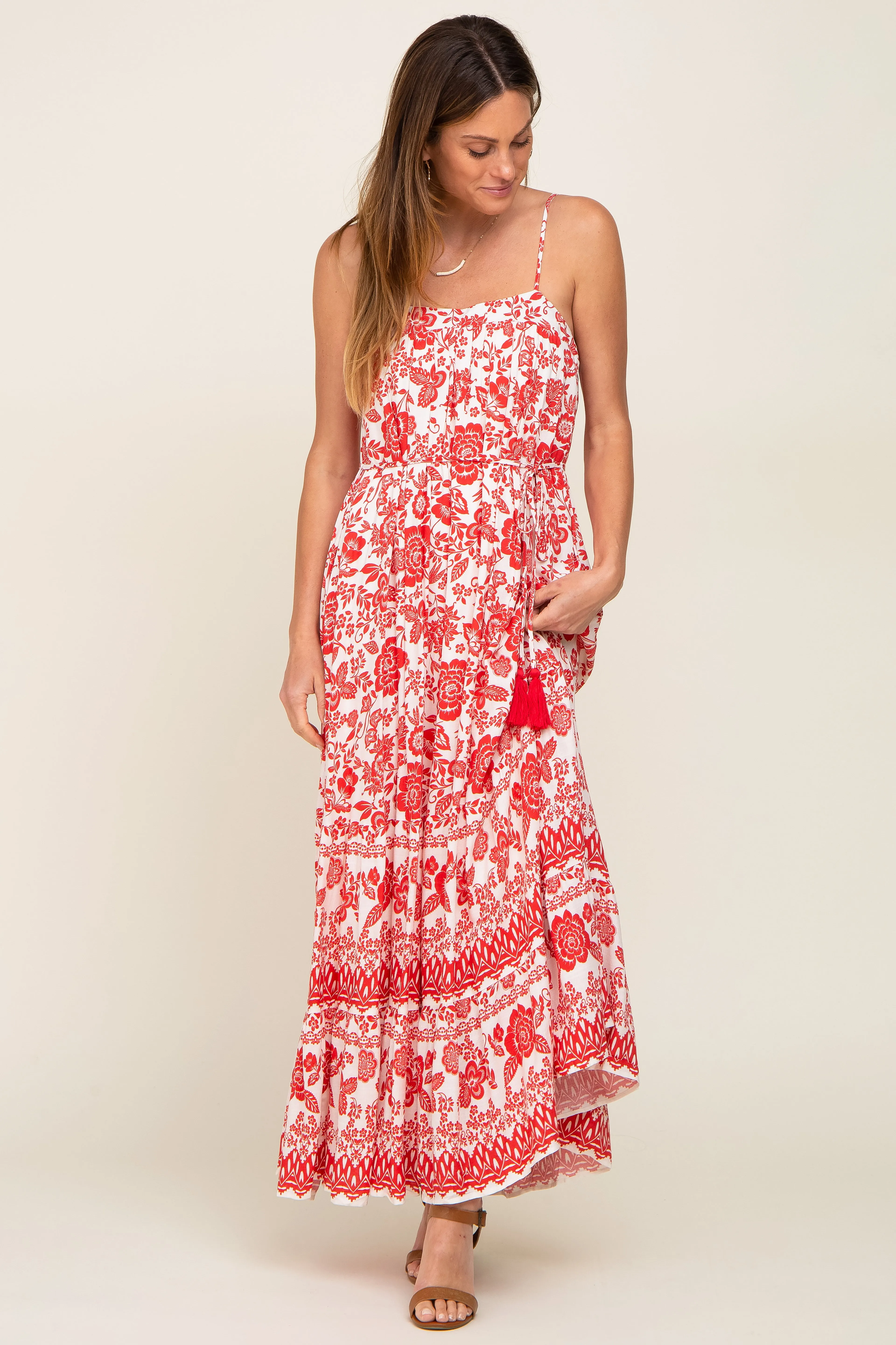Red Floral Linen Tiered Maternity Maxi Dress sold by Pinkblush product image thumbnail 5