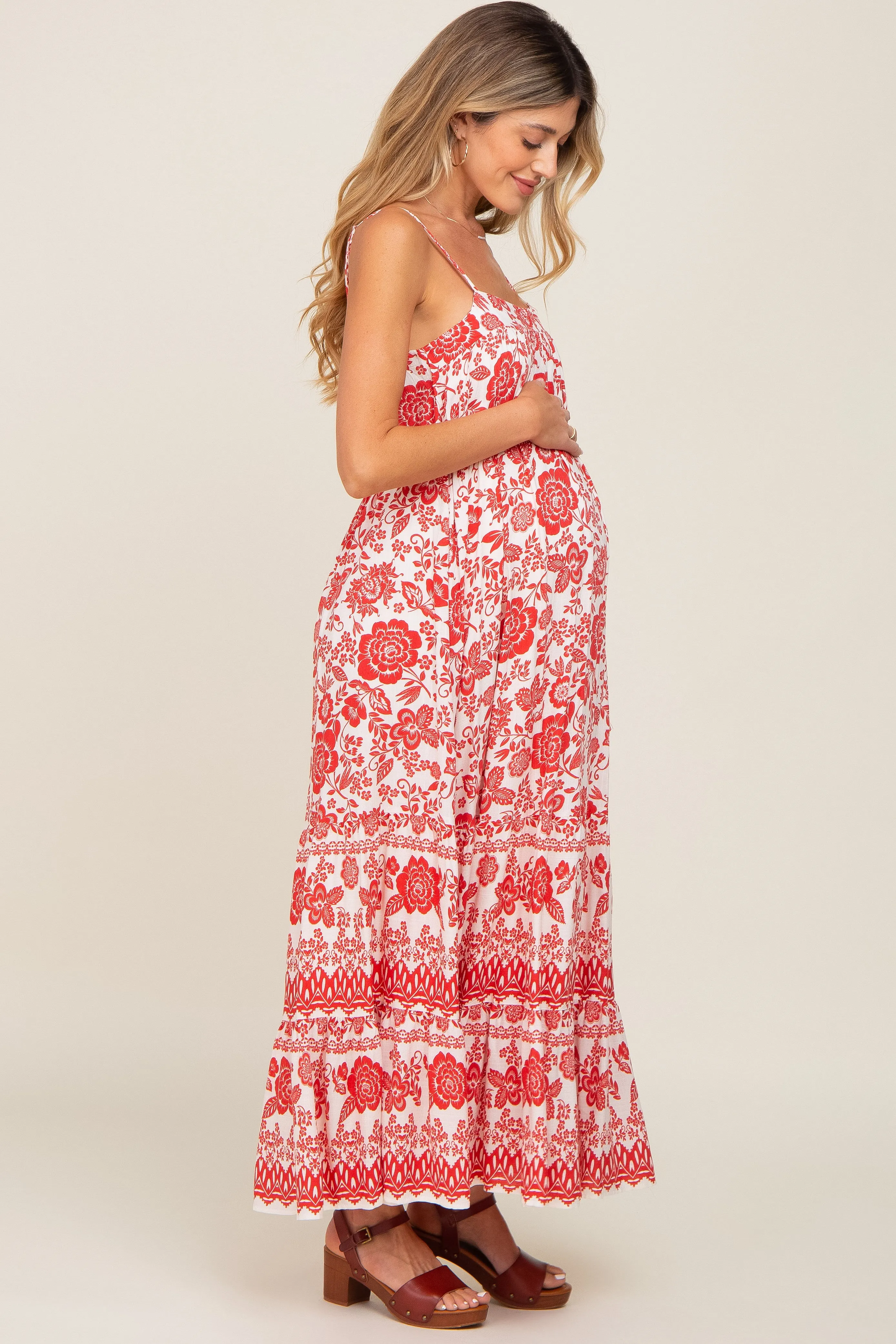 Red Floral Linen Tiered Maternity Maxi Dress sold by Pinkblush product image thumbnail 2