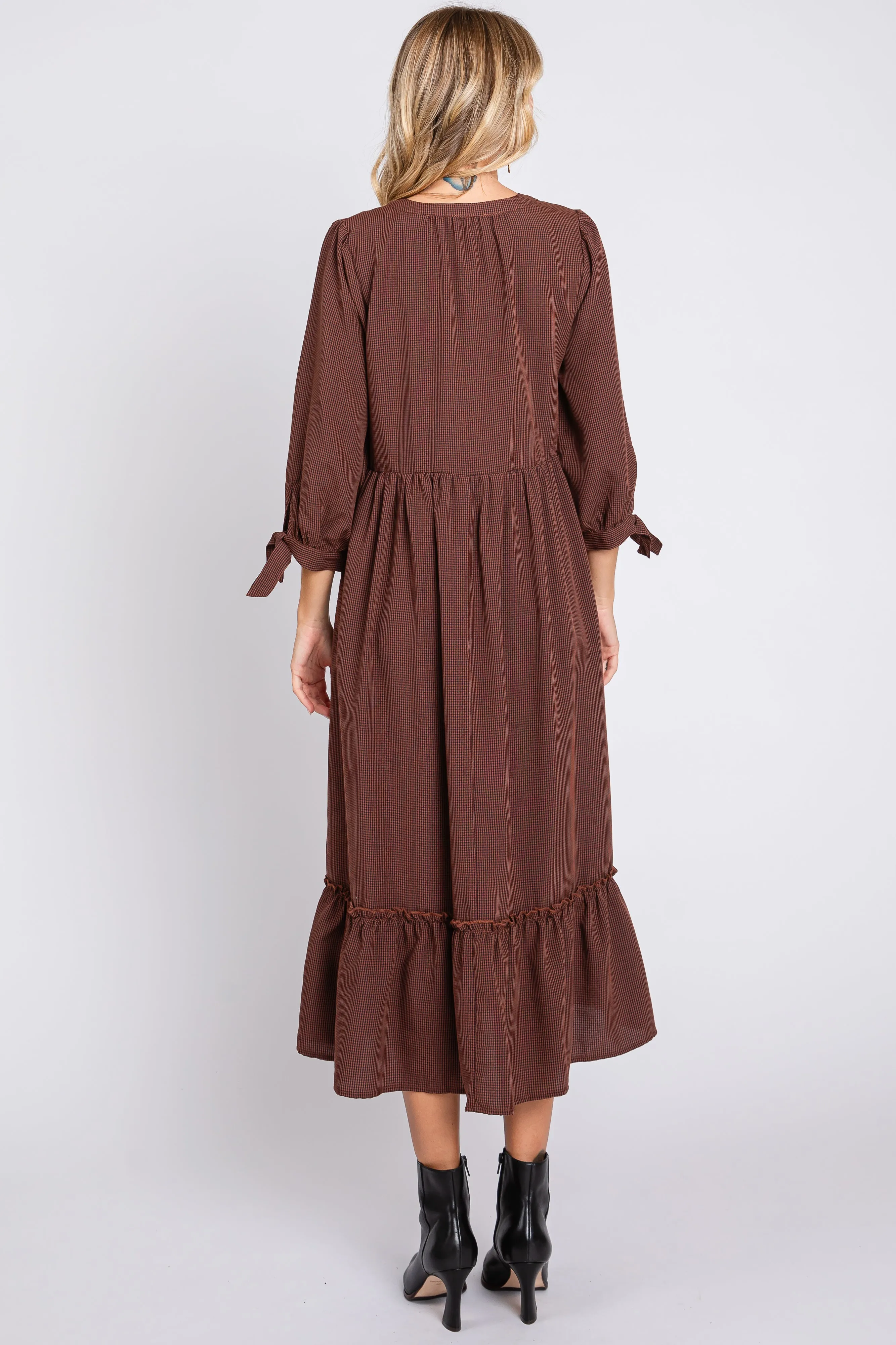 Brown Gingham Front Button Sleeve Tie Midi Dress sold by Pinkblush product image thumbnail 3