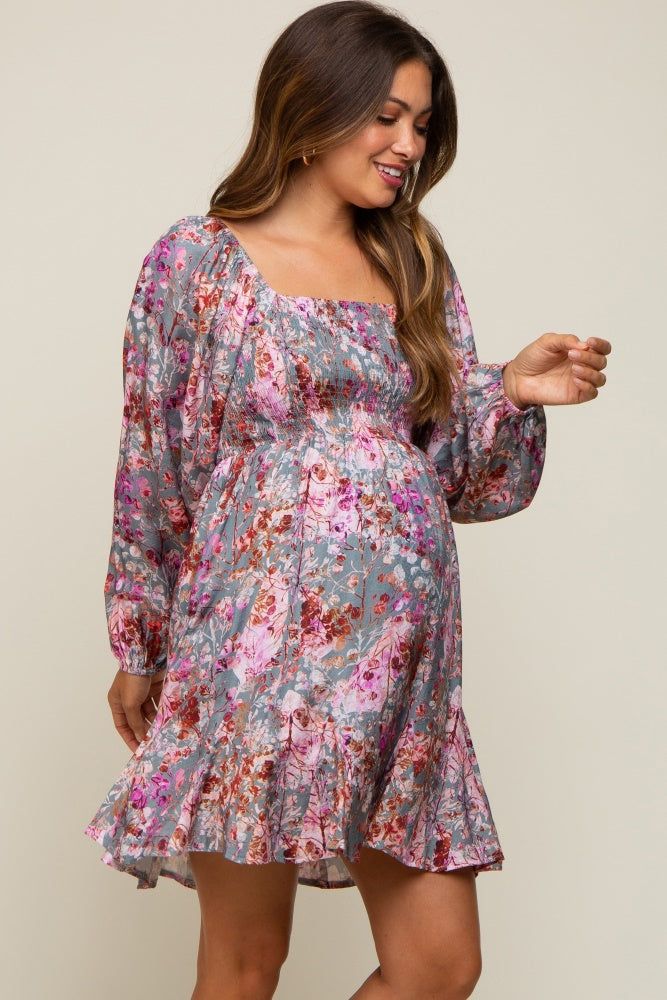 Pink Floral Shimmer Satin Smocked Maternity Dress sold by Pinkblush product image thumbnail 2