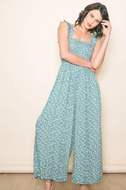 Teal Floral Flowy Jumpsuit sold by Pinkblush